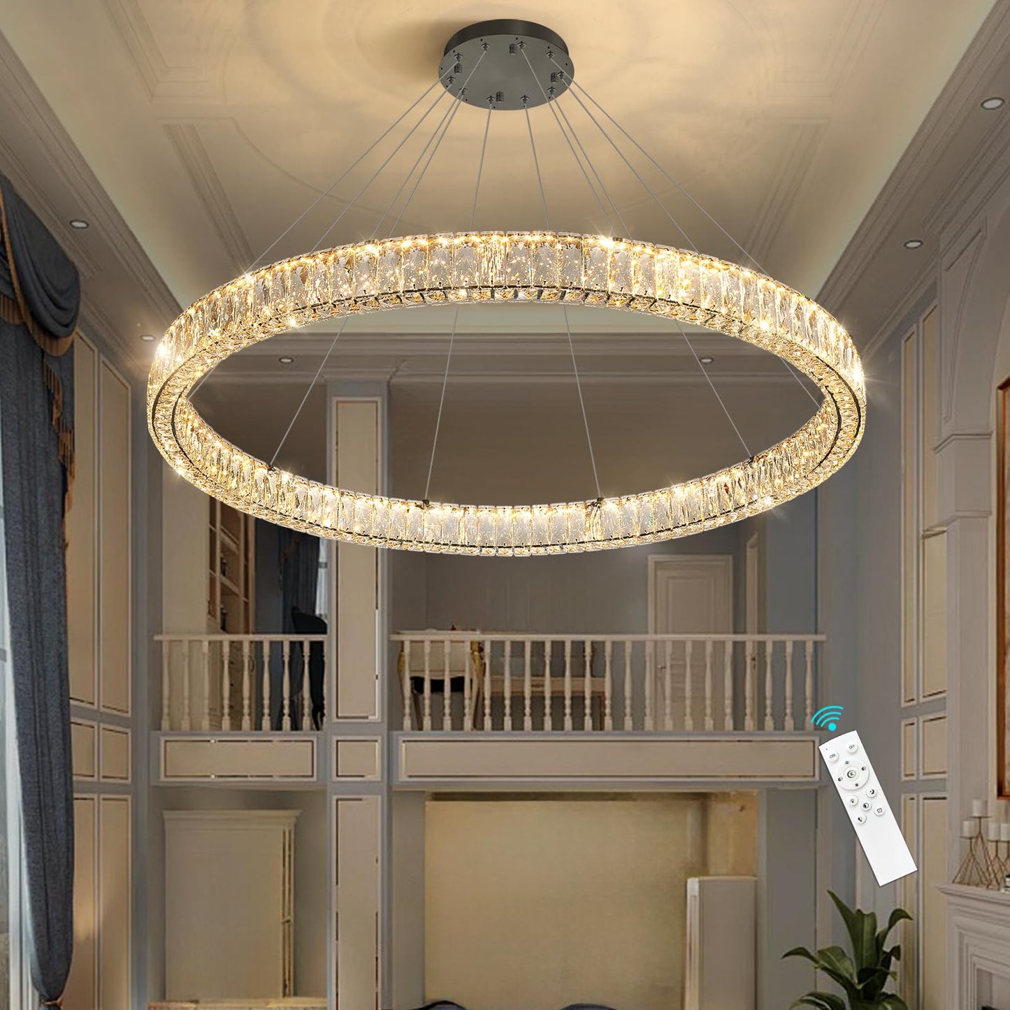 Modern Crystal Chandelier Dimmable LED Ring Pendant Lights Adjustable Glam Chandeliers Lighting Fixtures for Dining Room Living Room Bedroom Silver Light