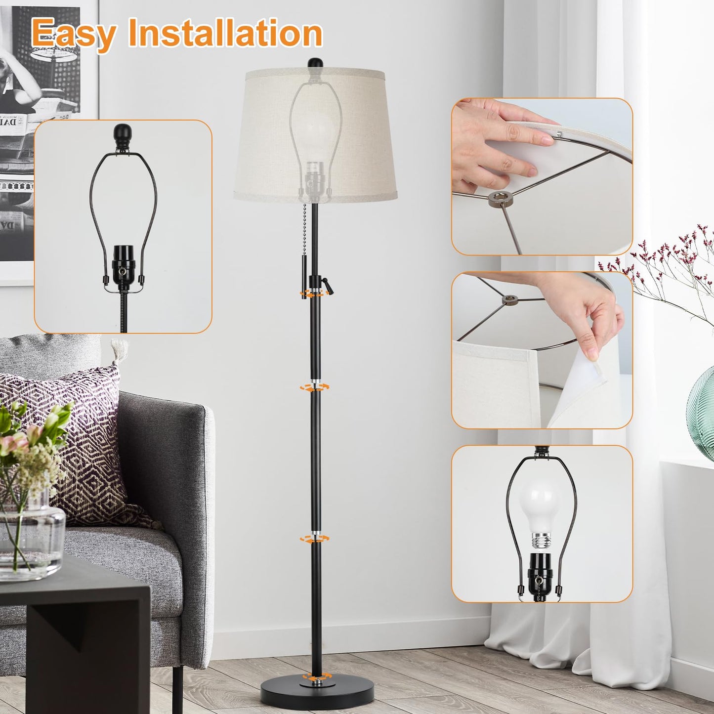 Floor Lamp for Living Room,Adjustable Height Standing Lamp,Dimmable Modern Floor Lamps for Bedroom Office Tall Floor Lights with Pull Chain Bulb Included-Silver Gray Shade