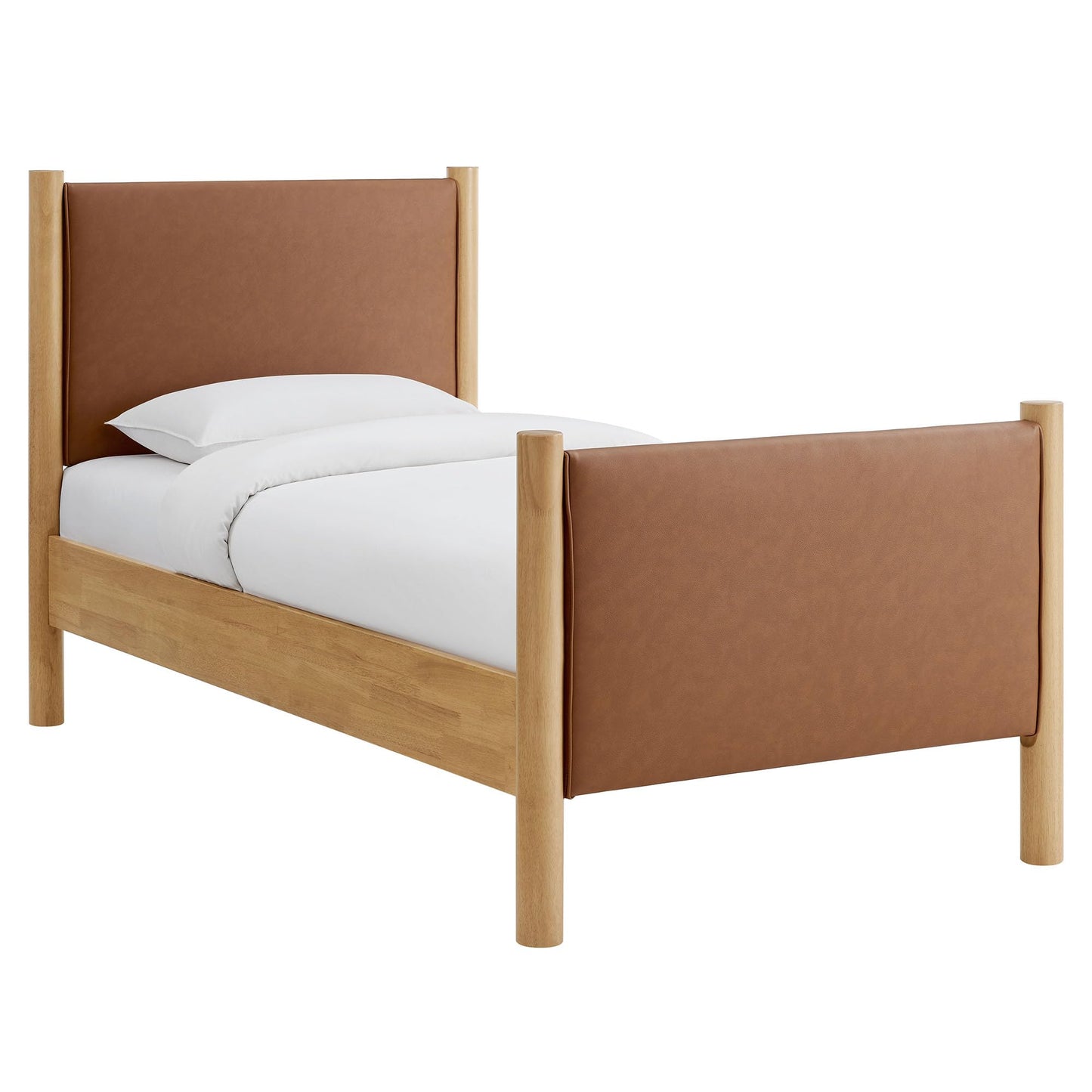 Modway Maven King Size Bed Frame in Tan Walnut with Faux Leather Upholstered Headboard and Footboard – Wood King Platform Bed Frame – No Box Spring Needed