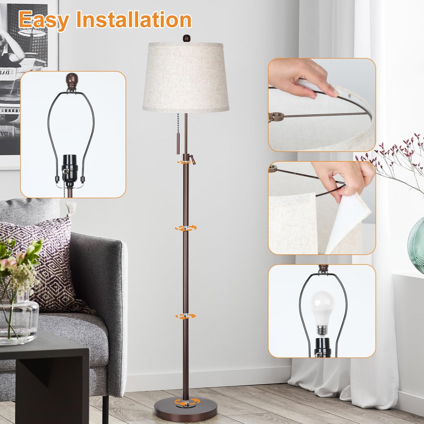 Floor Lamp for Living Room,Adjustable Height Standing Lamp,Dimmable Modern Floor Lamps for Bedroom Office Tall Floor Lights with Pull Chain Bulb Included-Silver Gray Shade