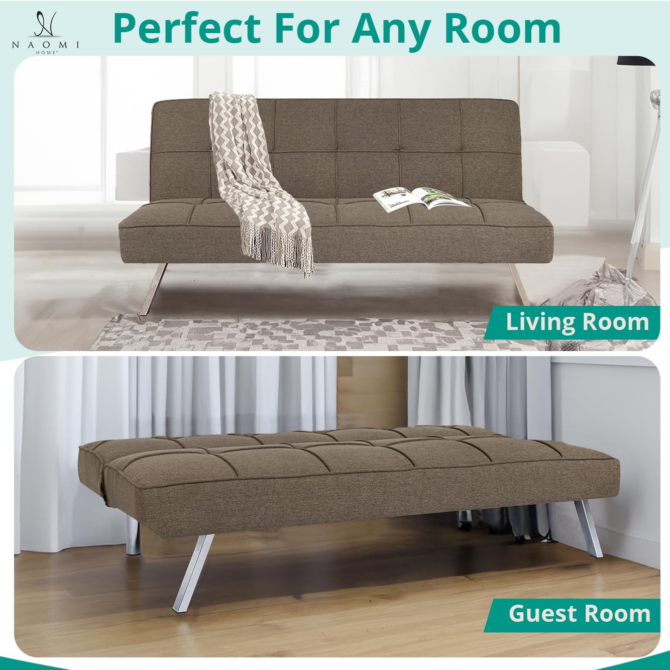 Naomi Home Madison Futon Sofa Bed, Tan Linen, 3-Position Convertible, Space-Saving, 66.14" W