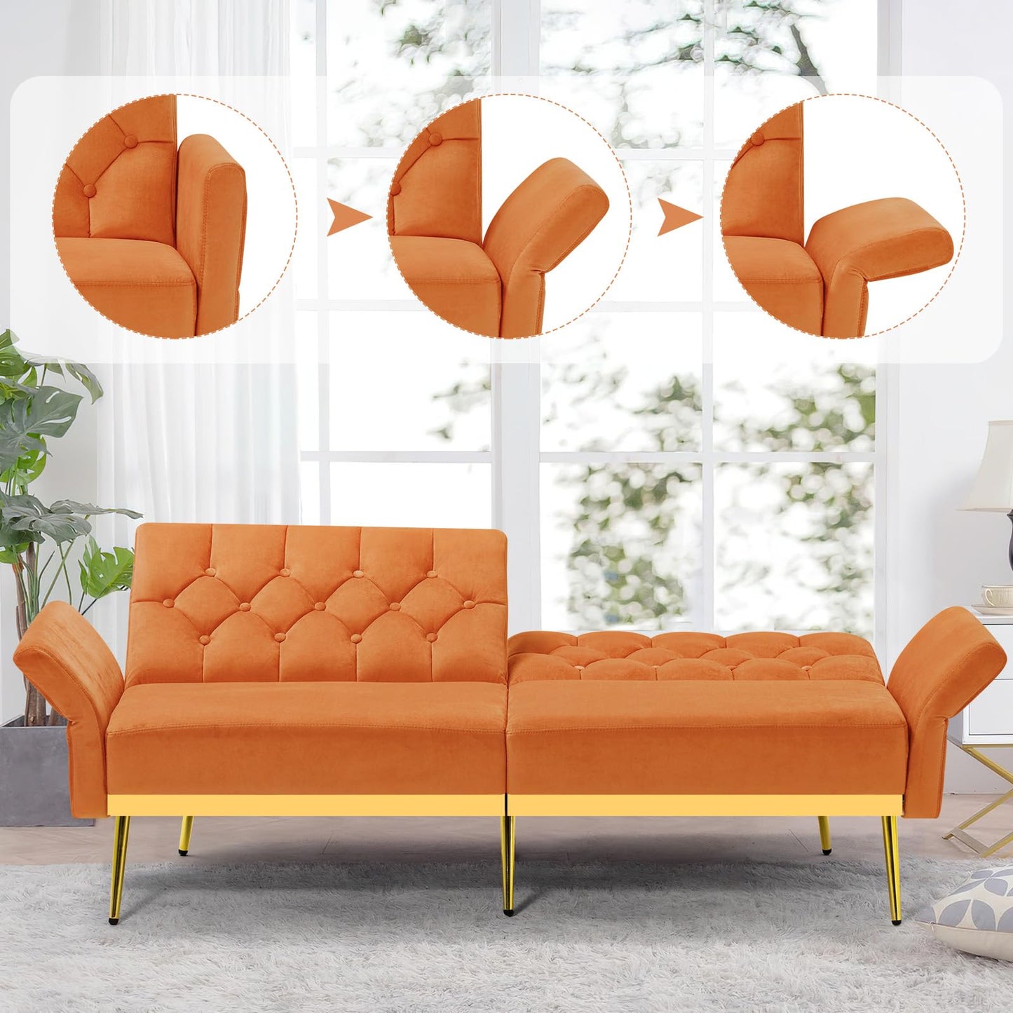 Velvet Sofa Bed w/Adjustable Armrests and Backrests, Modern Convertible Sleeper Sofa, Tufted Futon Sofa for Bedroom, Living Room, Apartment, Orange