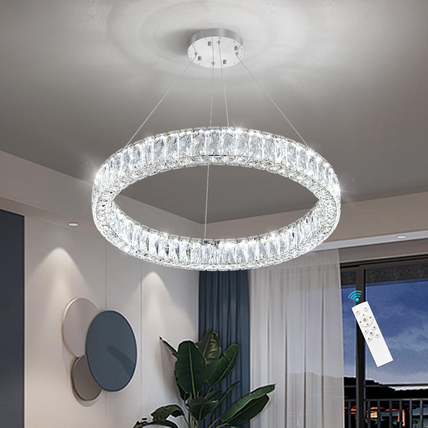 Modern Crystal Chandelier Dimmable LED Ring Pendant Lights Adjustable Glam Chandeliers Lighting Fixtures for Dining Room Living Room Bedroom Silver Light