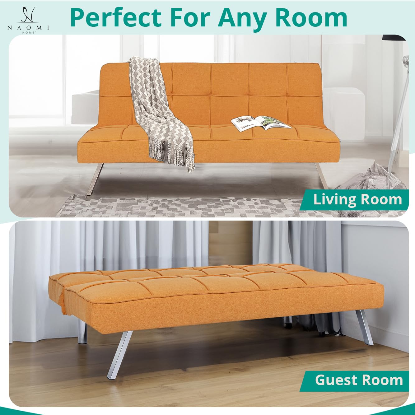 Naomi Home Madison Futon Sofa Bed, Tan Linen, 3-Position Convertible, Space-Saving, 66.14" W