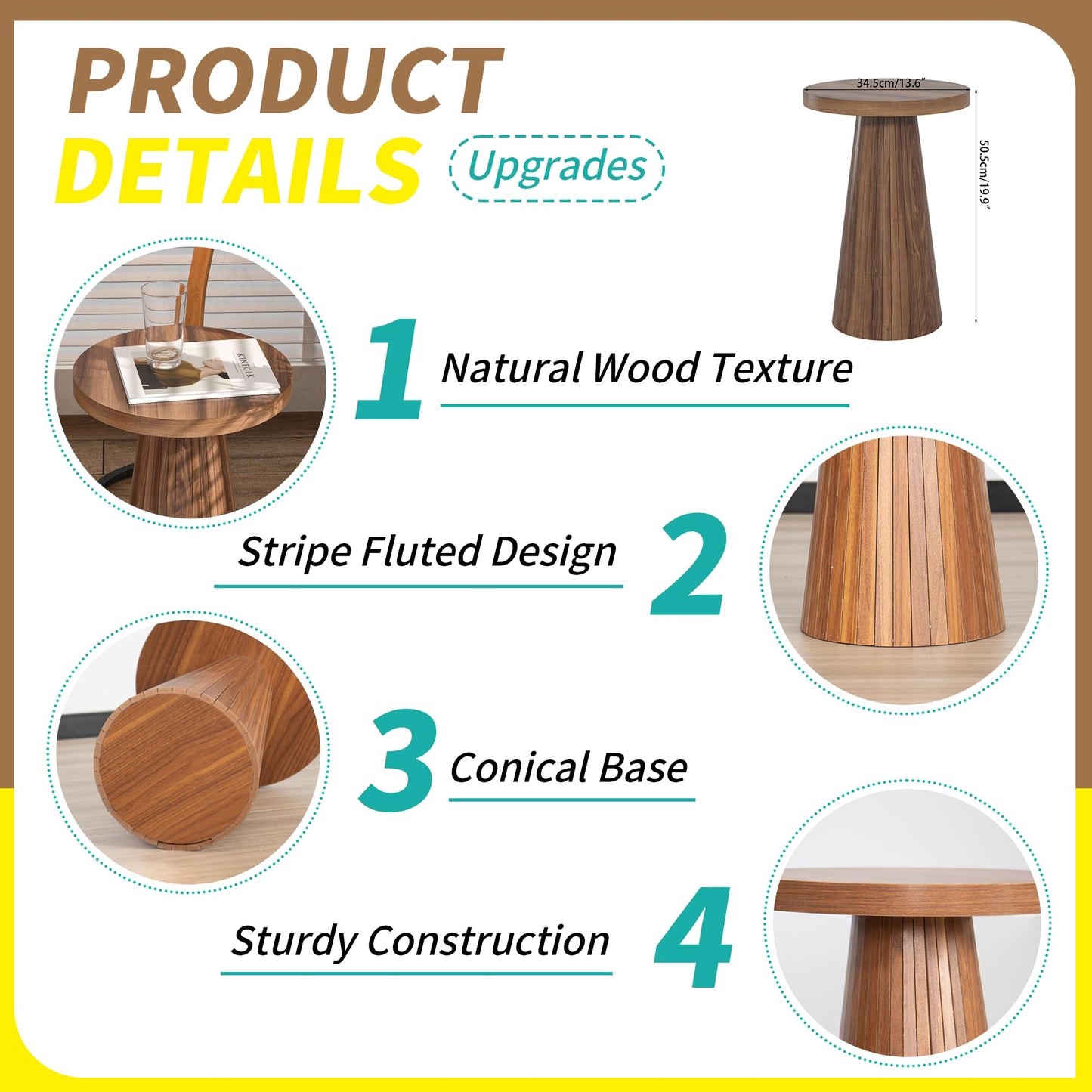 Small Round Pedestal Side Table, Wooden End Table for Living Room, Fluted Drink Table for Small Space, Modern Plant Stand Accent Table for Sofa Couch, 13.6 inch (Walnut)