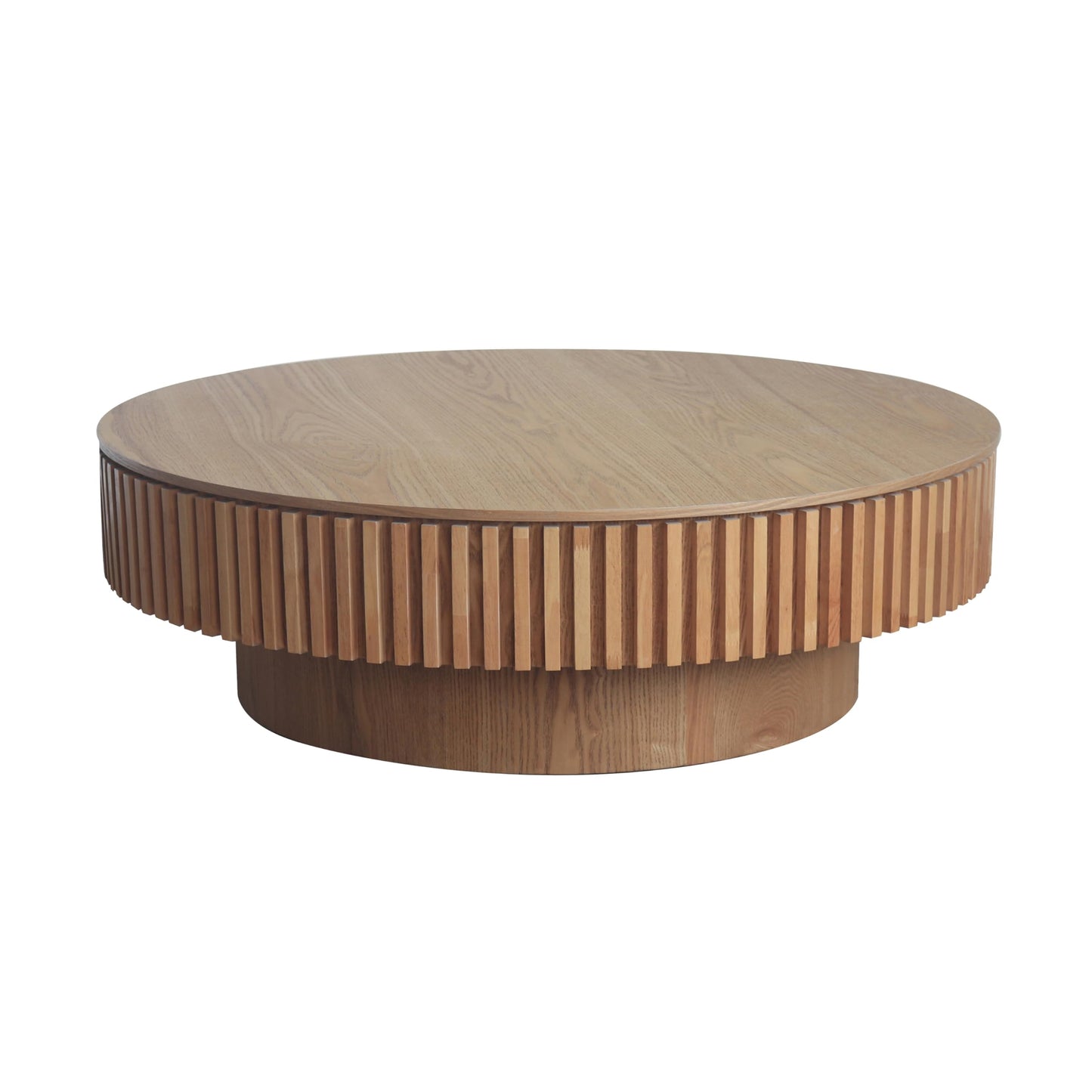 31.5" Round Drum Coffee Table with Storage, Handcraft Fluted Drum Coffee Table, Modern Wooden Circle Cocktail Tea Table Center Table with Sturdy Pedestal for Living Room Apartment (Walnut)