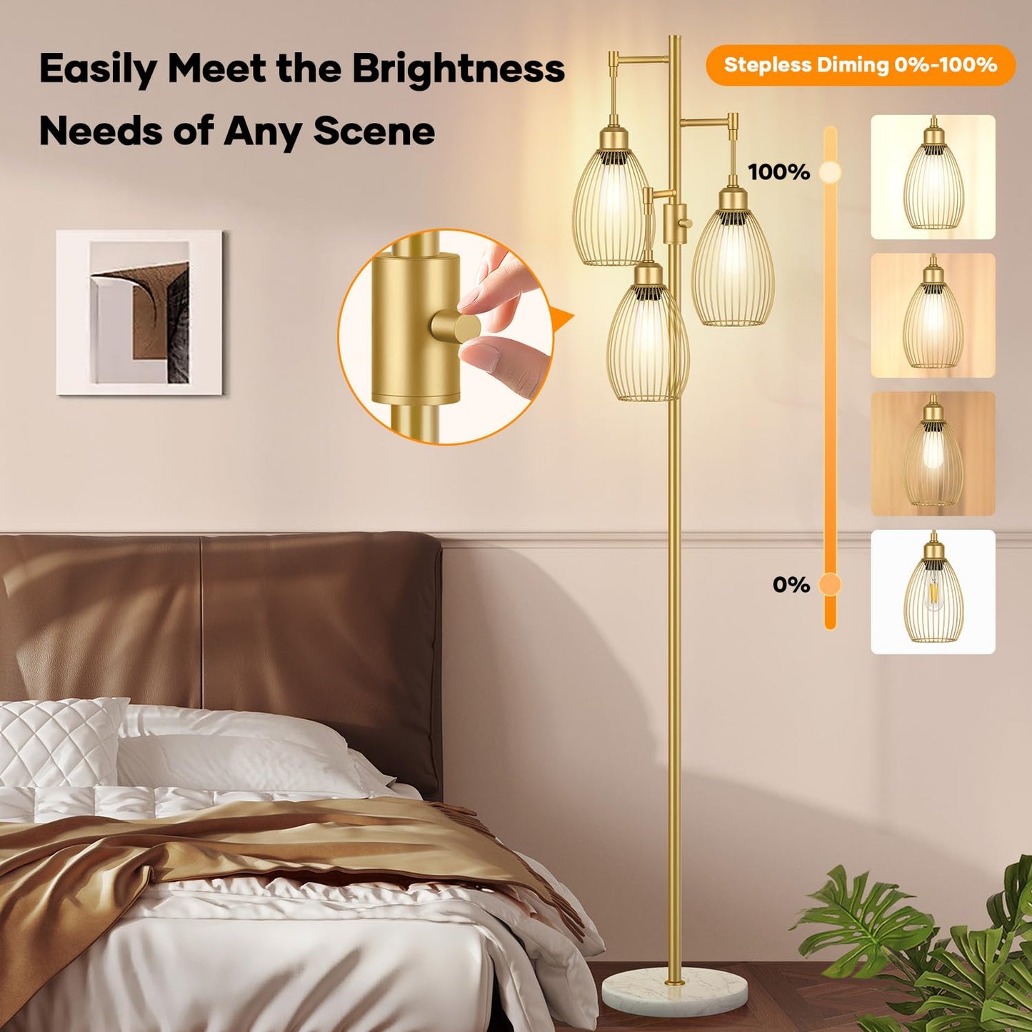 Dimmable Floor Lamp, 3 x 800LM LED Edison Bulbs Included, Farmhouse Industrial Floor Lamp Standing Tree Lamp with Elegant Teardrop Cage Tall Lamps for Living Room Bedroom Office Dining Room-Black
