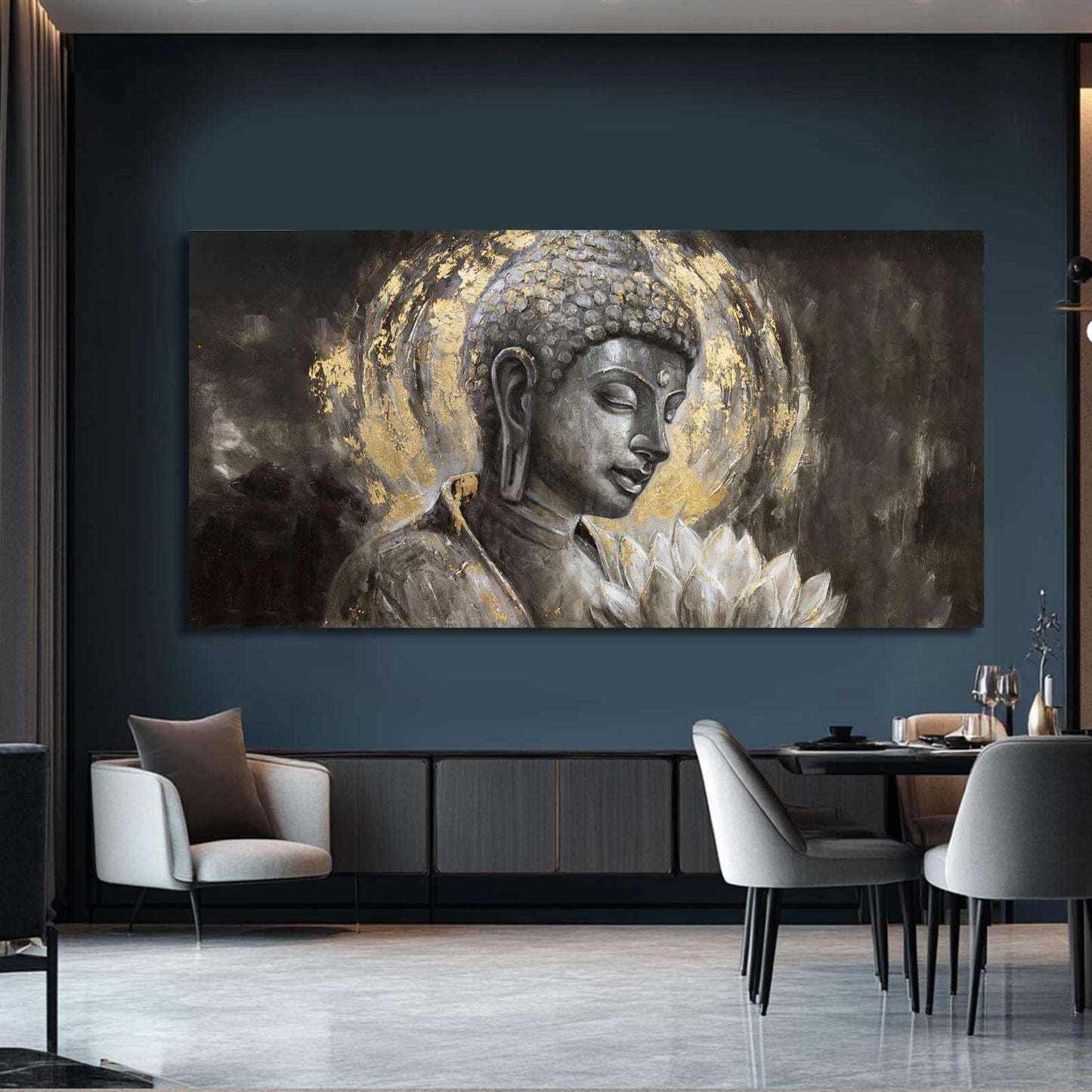 MLART99 Blue and White Abstract Wall Art Grunge Posters Gold Painting for Home Office 29"x 58" Gallery Wall Prints Large Size Artwork for Walls