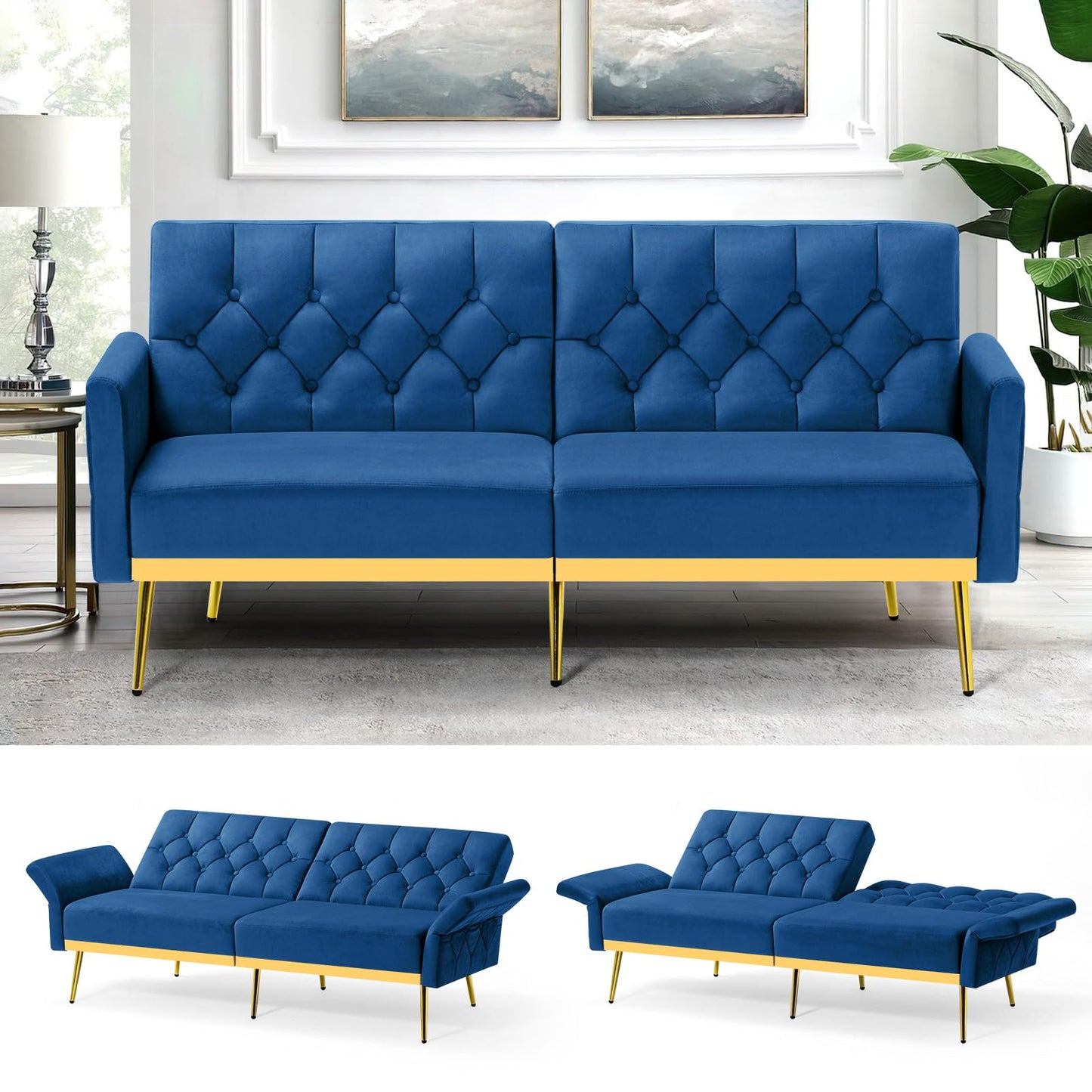 Velvet Sofa Bed w/Adjustable Armrests and Backrests, Modern Convertible Sleeper Sofa, Tufted Futon Sofa for Bedroom, Living Room, Apartment, Orange