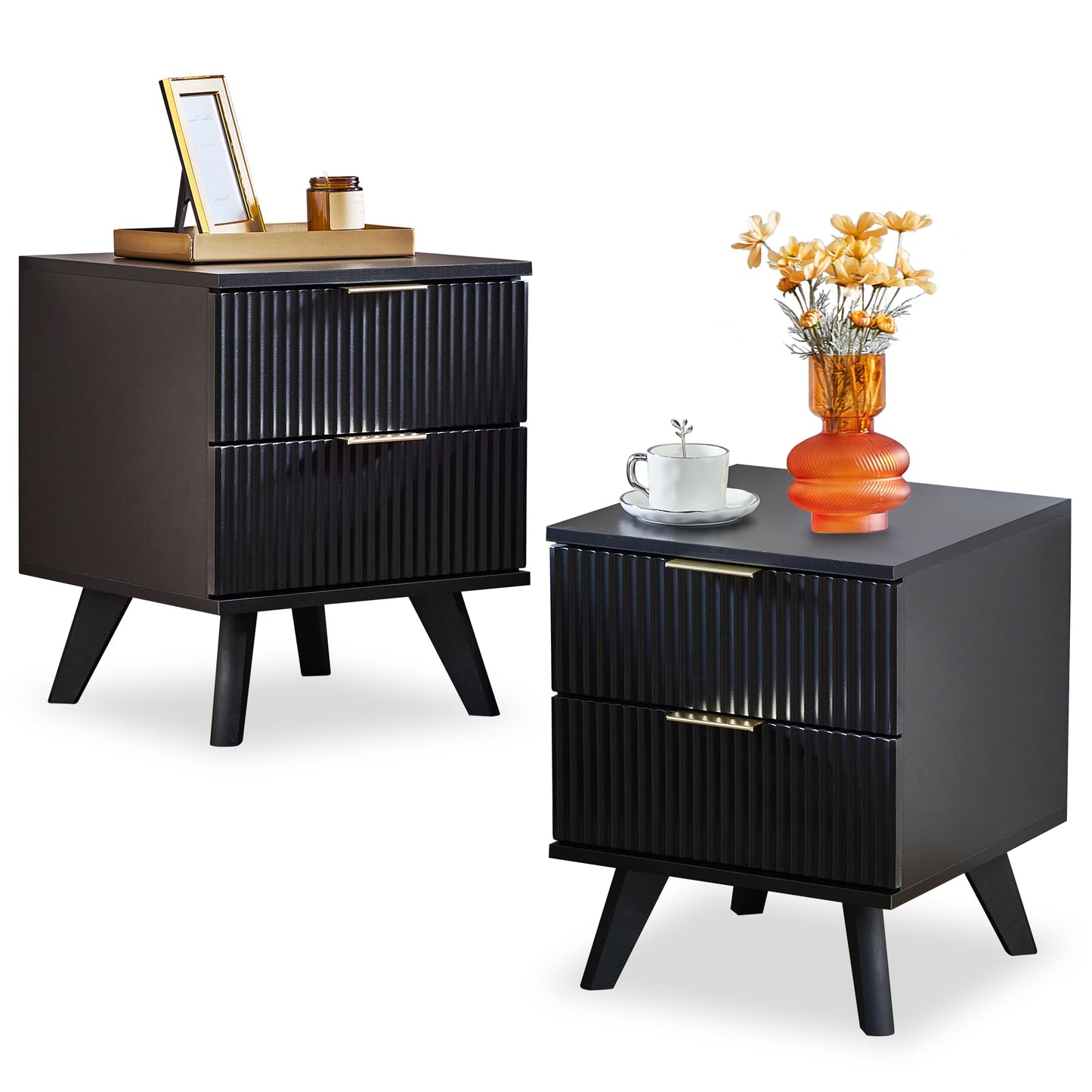 Fluted Nightstand Set of 2, Mid Century Modern 2 Drawer Dresser for Bedroom, Small Dresser Night Stand Side Table End Table with Wood Fluted Drawer Storage for Bedroom Closet(Walnut)