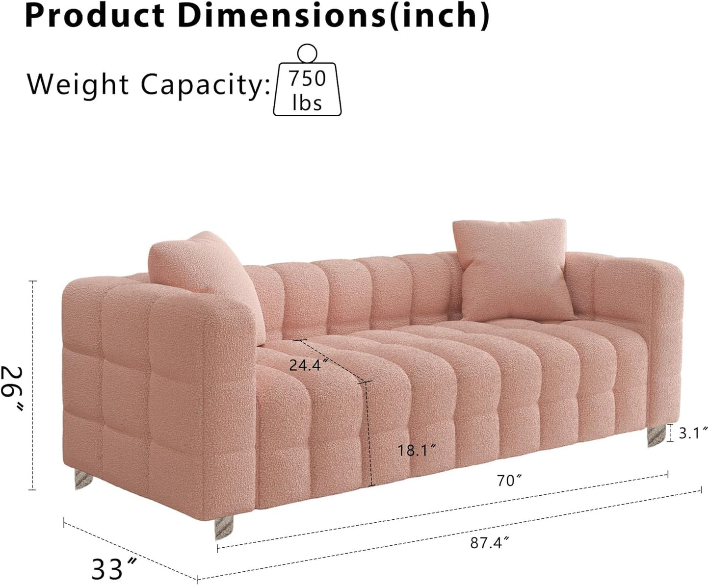 87.4" Modern 3 Seater Boucle Sofa Couch for Living Room, Mid Century Fluffy Couches with Solid Wood Frame and 6 Legs for Bedroom, Apartment, Weight Capacity 750 LBS (White)