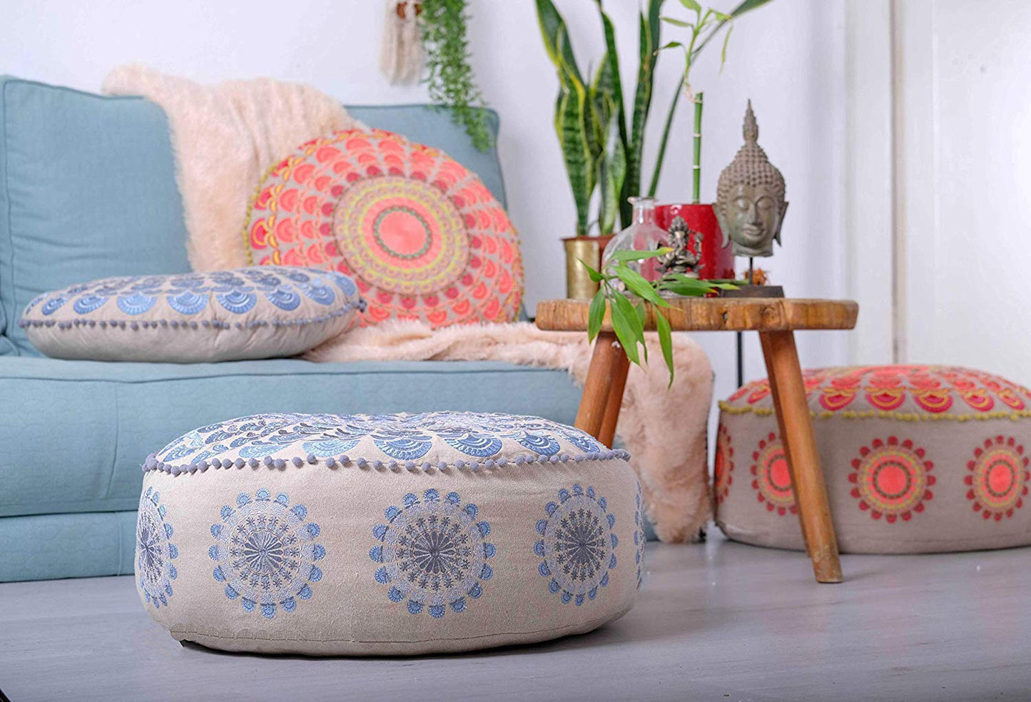 Large Round Floor Pillow Cover Blue Indian Décorative Accent Meditation Cushion Perfect for Living Room, Bedroom, Nursary or Children Room Seating Area Stool Footstool Pouf Ottoman 24x8 Unstuffed