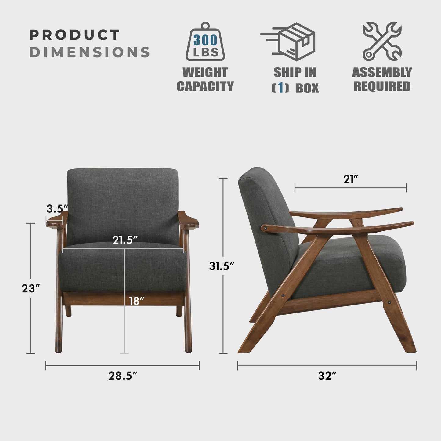 Lexicon Mid Century Modern Accent Chair with Solid Wood Frame in Walnut Finish, Upholstered Living Room Lounge Arm Chair, Thick and Comfy Innerspring Seat Cushion, Linen-Look Fabric, Gray
