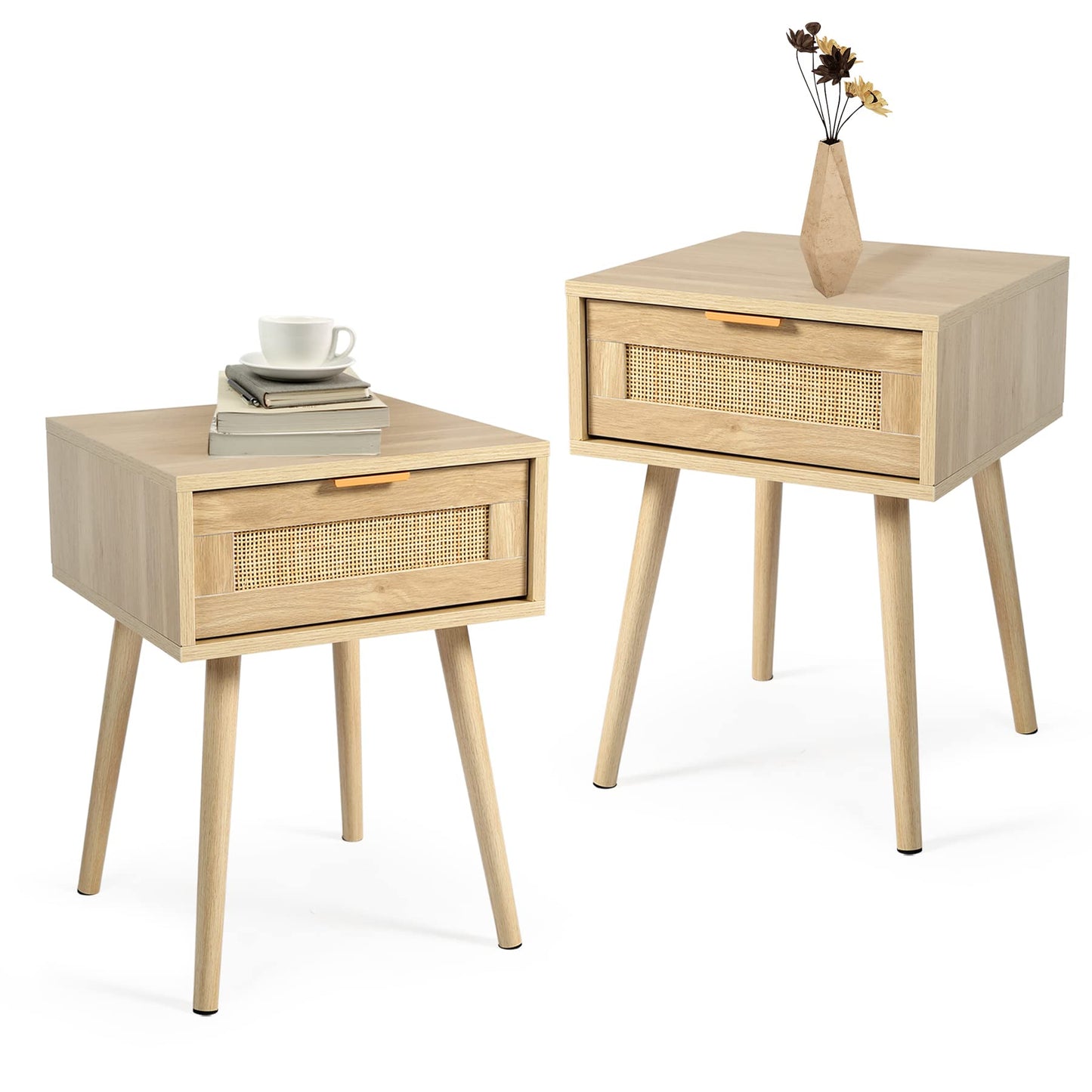 HOPUBUY Nightstands Set of 2 with Rattan Drawer, Modern Night Stand for Bedrooms, Wooden 2 Drawer Bedside Table Side Table for Small Place and Bedroom (Brown, 2 Drawers 2 Pack)