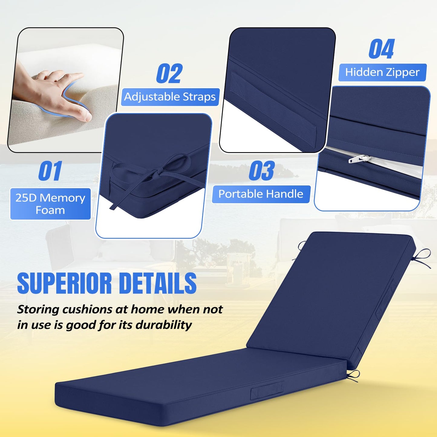 Basic Beyond Chaise Lounge Cushions Outdoor, 3-Layer Waterproof Outdoor Furniture Cushions with Removable Cover and 4 Ties, 72"x21"x3" Patio Lounge Chair Cushions for Outdoor Furniture, Yellow