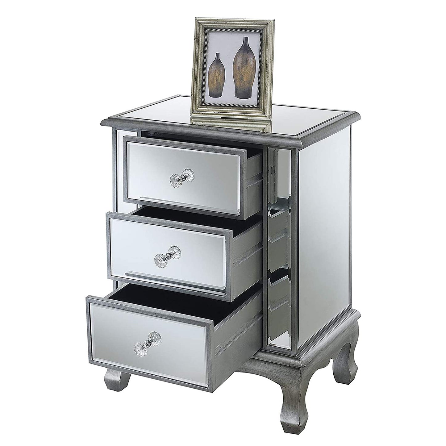 Convenience Concepts Gold Coast Vineyard Mirrored End Table 19" - Living Room Table with 3 Drawers for Storage, Nightstand Side Table, Weathered White/Mirror
