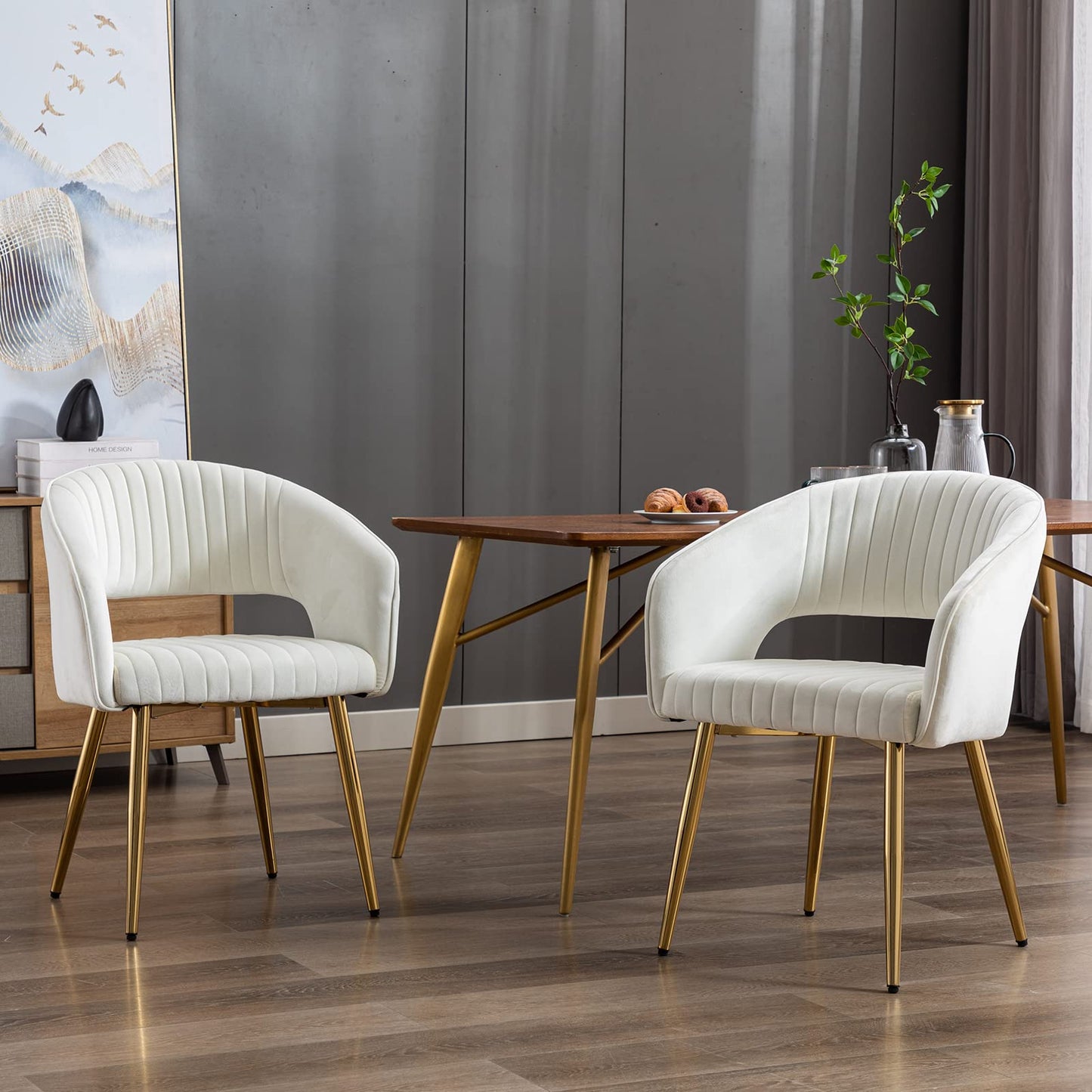 Modern Velvet Dining Chairs Set of 2, Upholstered Gold Dining Chairs with Hollow Back, Dining Room Chairs with Gold Legs, Accent Armrest Kitchen Chairs for Living Room Reception Teal Blue