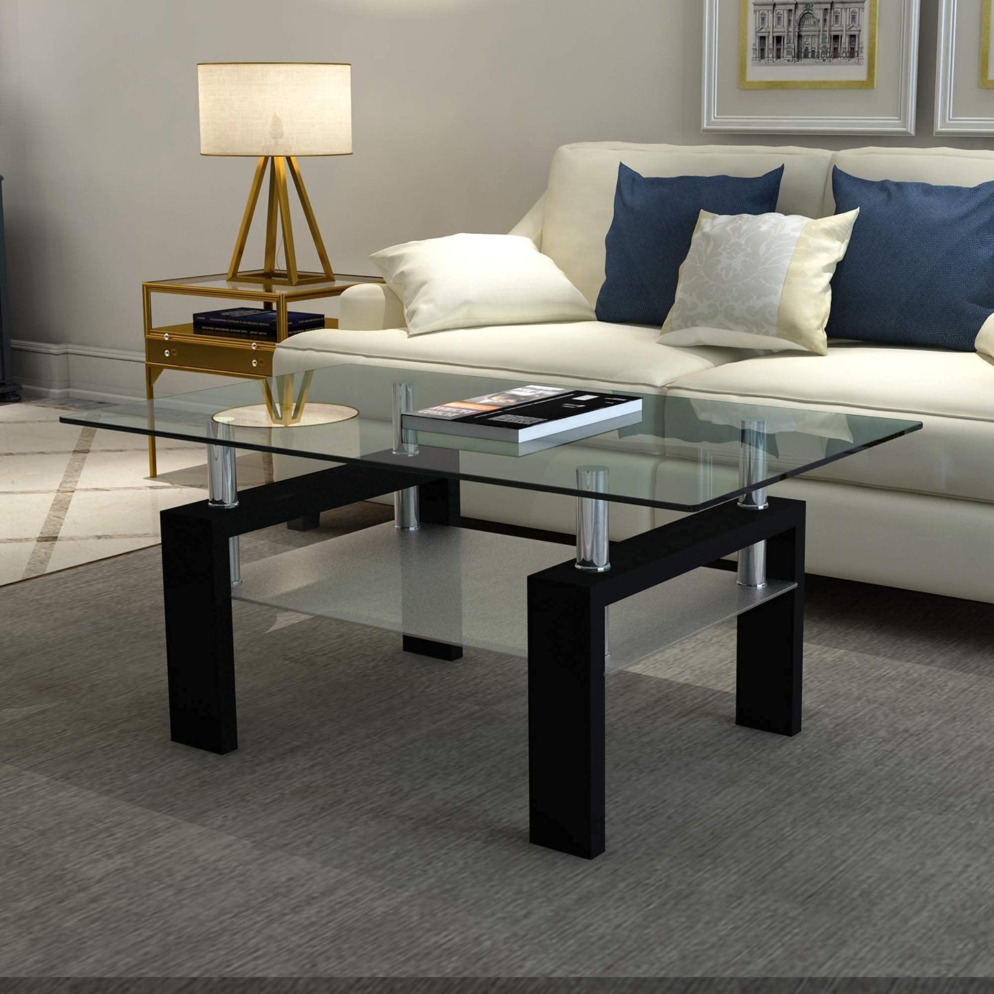 Meihua Tempered Glass Coffee Table for Living Room, Clear Center Table with 0.47 inch Tempered Glass, Transparent Modern Coffee Table