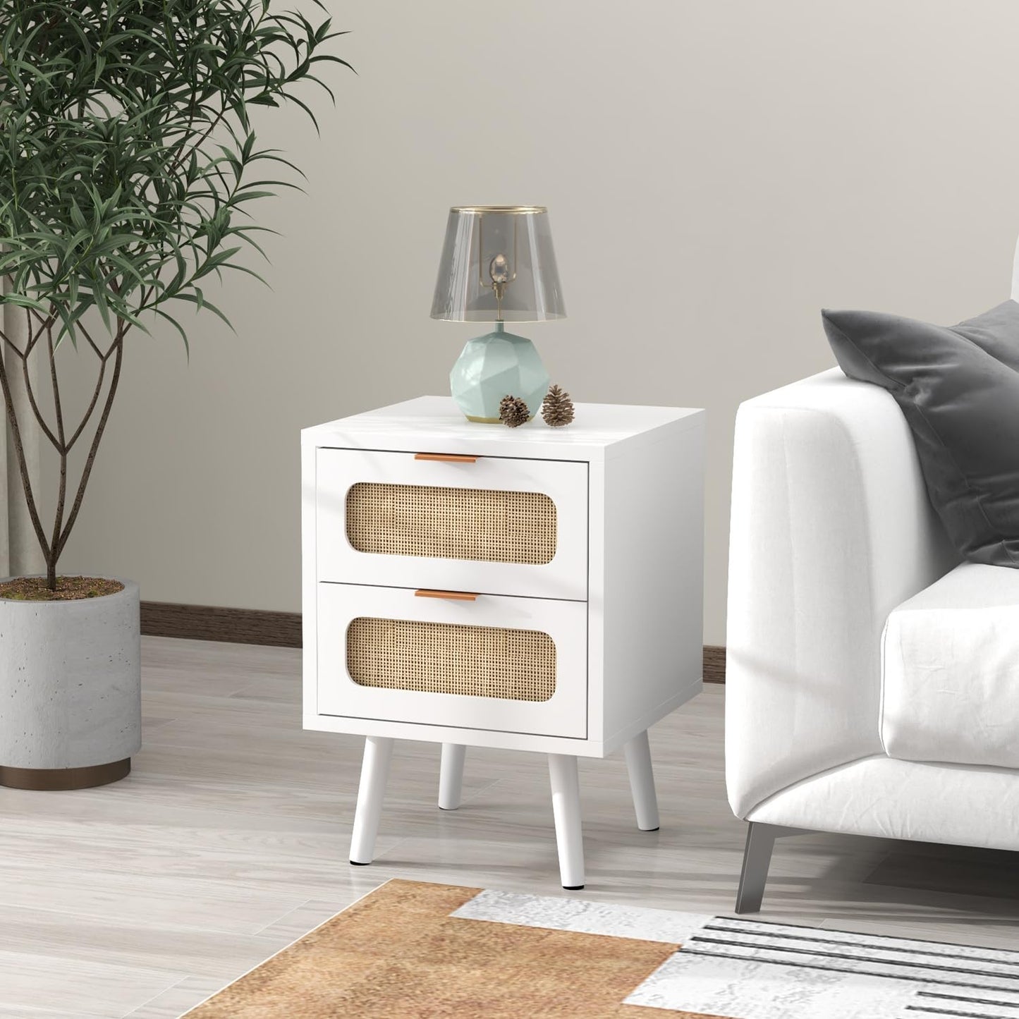HOPUBUY Nightstands Set of 2 with Rattan Drawer, Modern Night Stand for Bedrooms, Wooden 2 Drawer Bedside Table Side Table for Small Place and Bedroom (Brown, 2 Drawers 2 Pack)