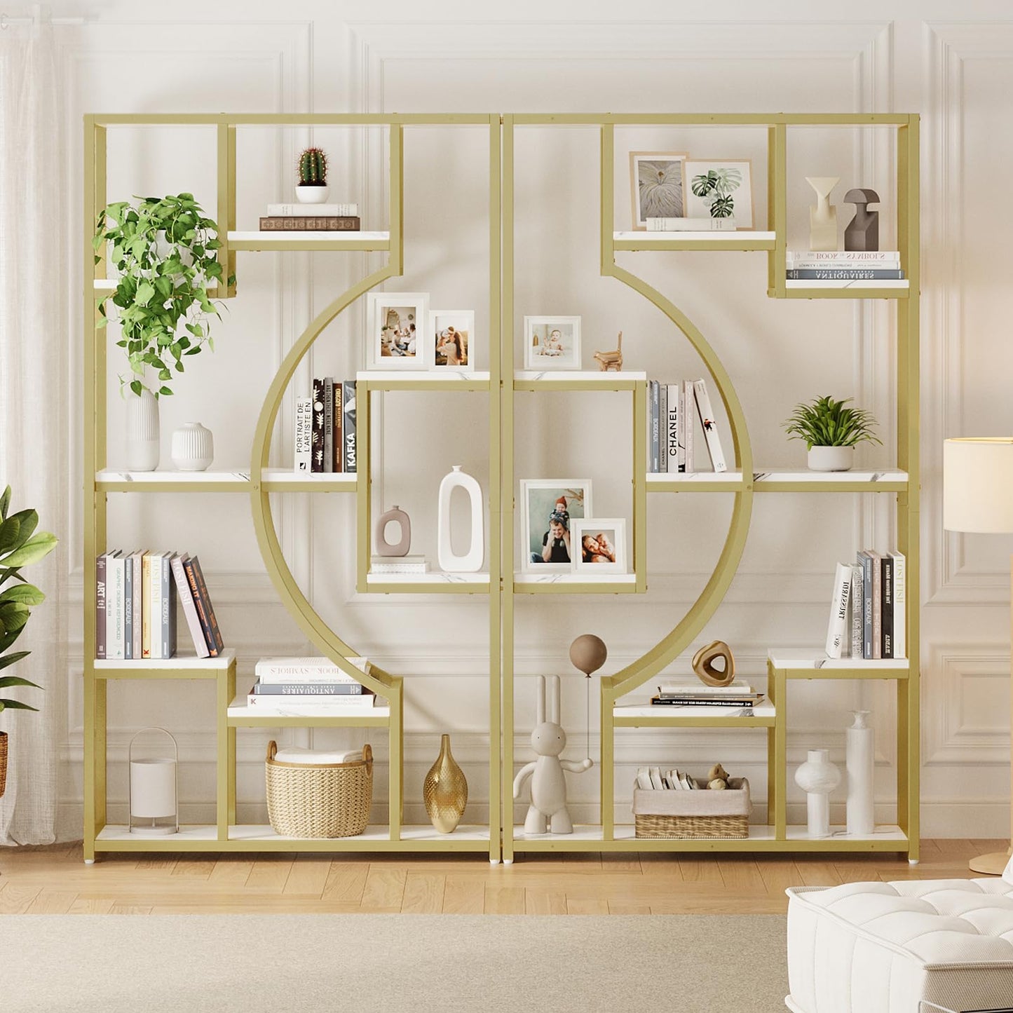 70.8" Tall Bookshelf Set of 2, 79" Wide Geometric Display Shelf with 18 Open Storage Shelves, Scratch-Resistant Gray Wash & Metal Frame, for Living Room, Office, Bedroom – Anti-Tip & Adjustable Feet