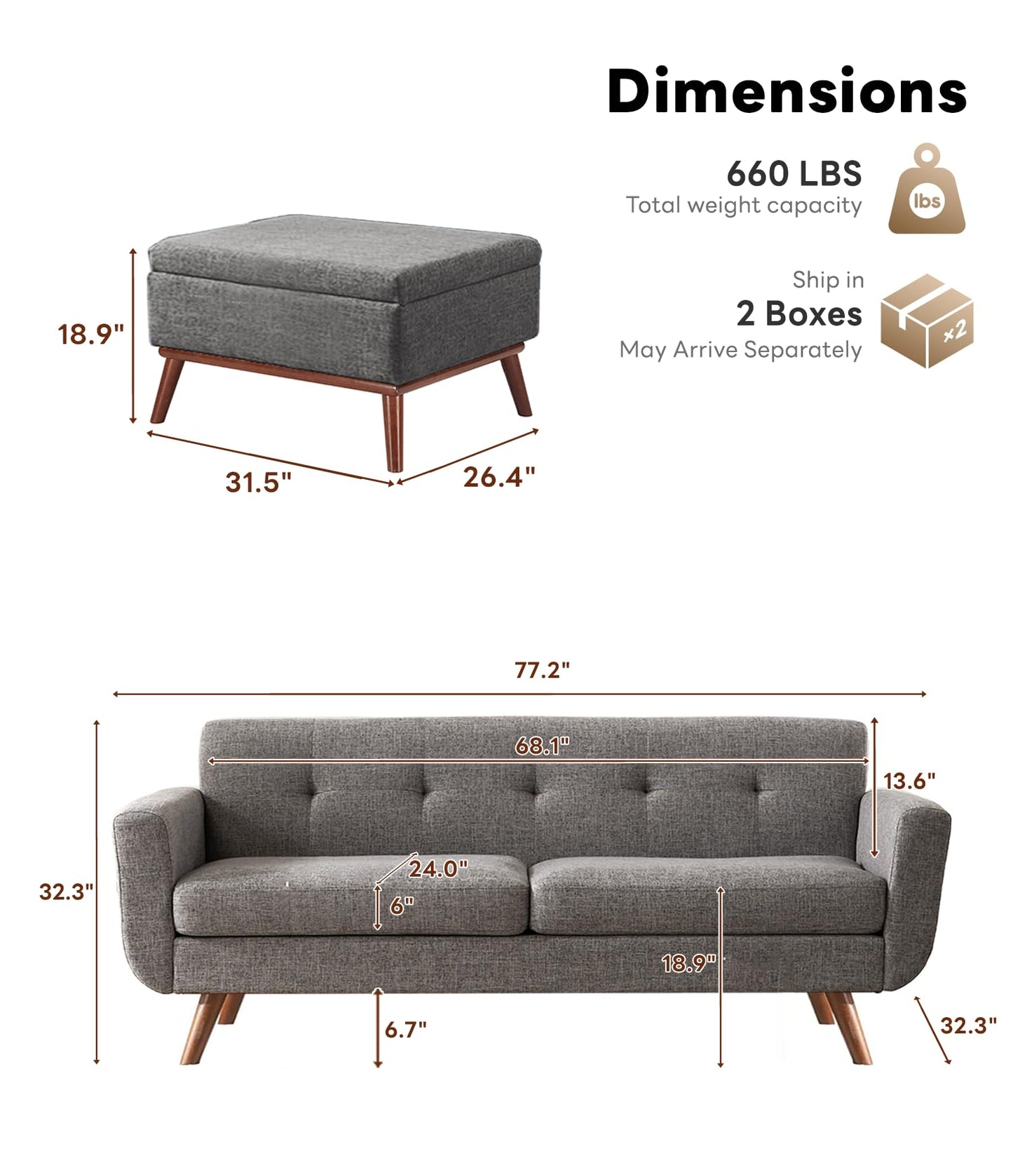 Tbfit 65" W Loveseat Sofa, Mid Century Modern Love Seat Couches for Living Room, Button Tufted Upholstered Small Couch for Bedroom, Solid and Easy to Install Love Seats Furniture, Grey