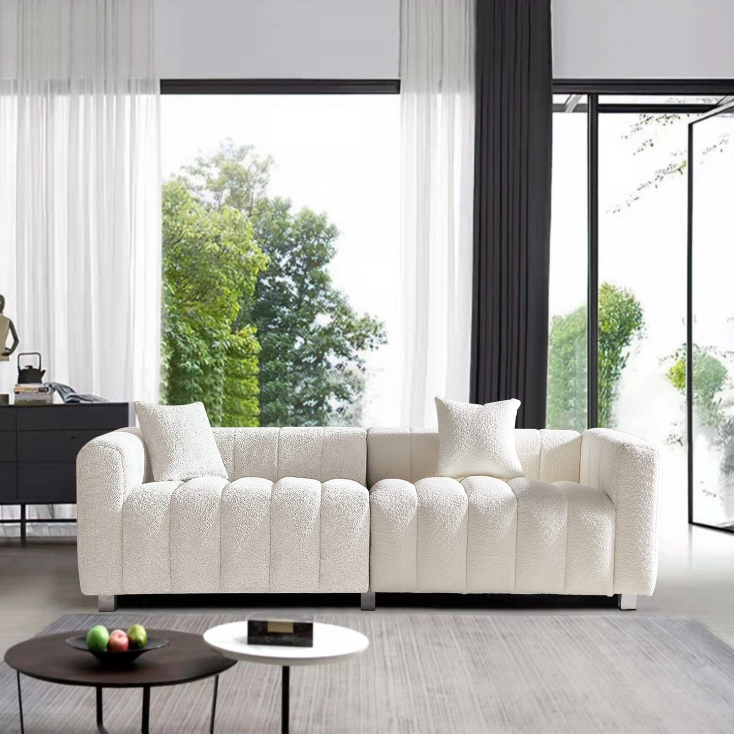 87.4" Modern 3 Seater Boucle Sofa Couch for Living Room, Mid Century Fluffy Couches with Solid Wood Frame and 6 Legs for Bedroom, Apartment, Weight Capacity 750 LBS (White)
