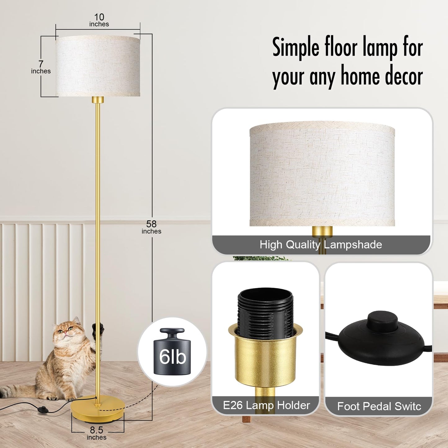 Floor Lamp Black, Standing Lamp, 58" Tall Lamps for Living Room, Simple Pole Lamp with Black Lampshade, On/Off Foot Pedal, Bright Dimming Light for Kids Room Bedroom Office Decor(Without Bulbs)