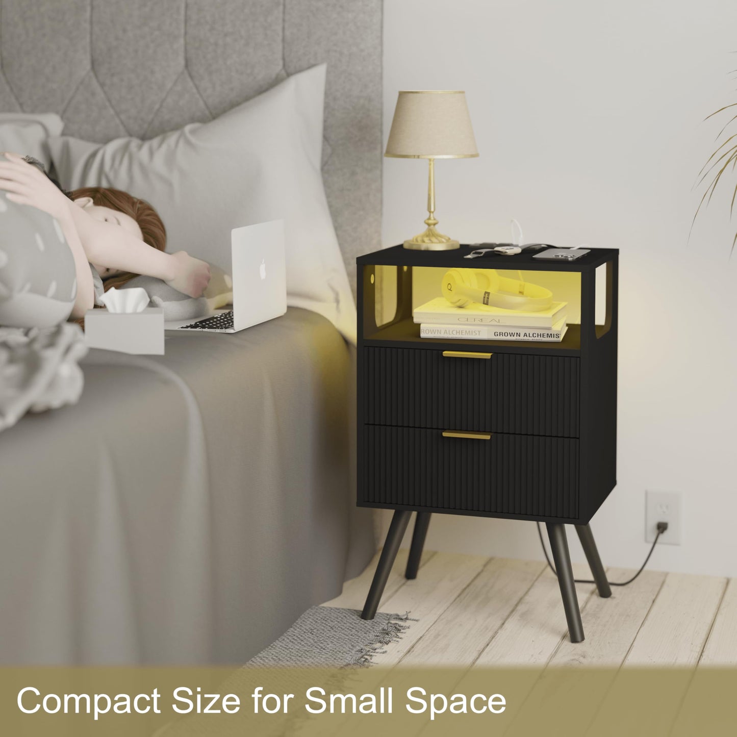 Nightstand with Charging Station and LED Lights,Modern Bedside Table with 2 Storage Drawer and Open Wood Shelf, for Bedroom and Small Spaces,Night Stand with Solid Wood Legs,GreyOak