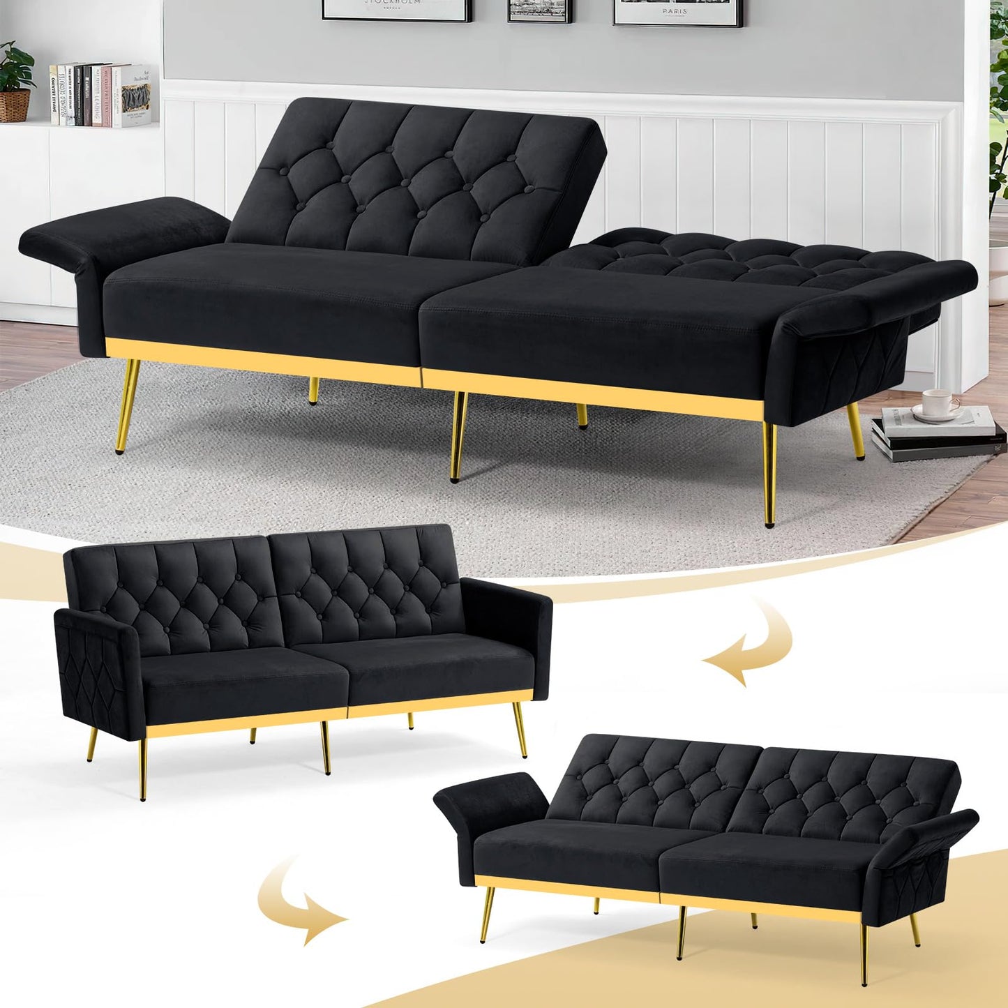 Velvet Sofa Bed w/Adjustable Armrests and Backrests, Modern Convertible Sleeper Sofa, Tufted Futon Sofa for Bedroom, Living Room, Apartment, Orange