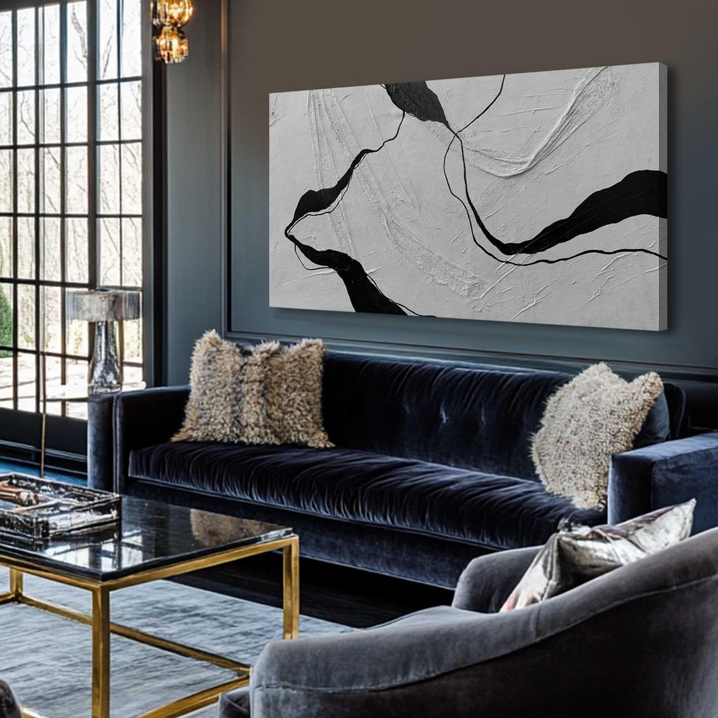 MLART99 Blue and White Abstract Wall Art Grunge Posters Gold Painting for Home Office 29"x 58" Gallery Wall Prints Large Size Artwork for Walls
