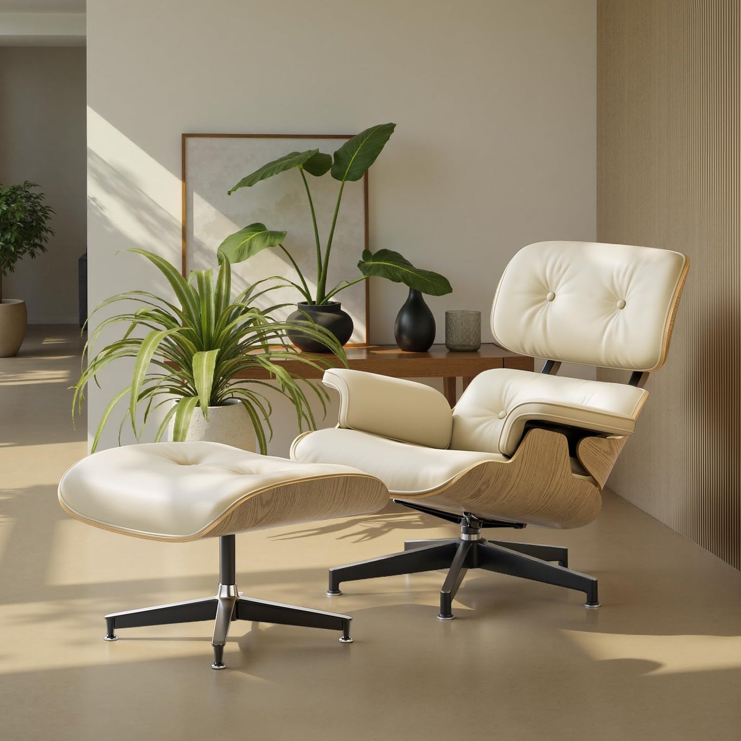 Top Black Grain Leather, Mid Century Chaise Lounge Chair and Ottoman, Modern Chair Classic Design, Walnut Wood, Heavy Duty Base Support for Living Room Office