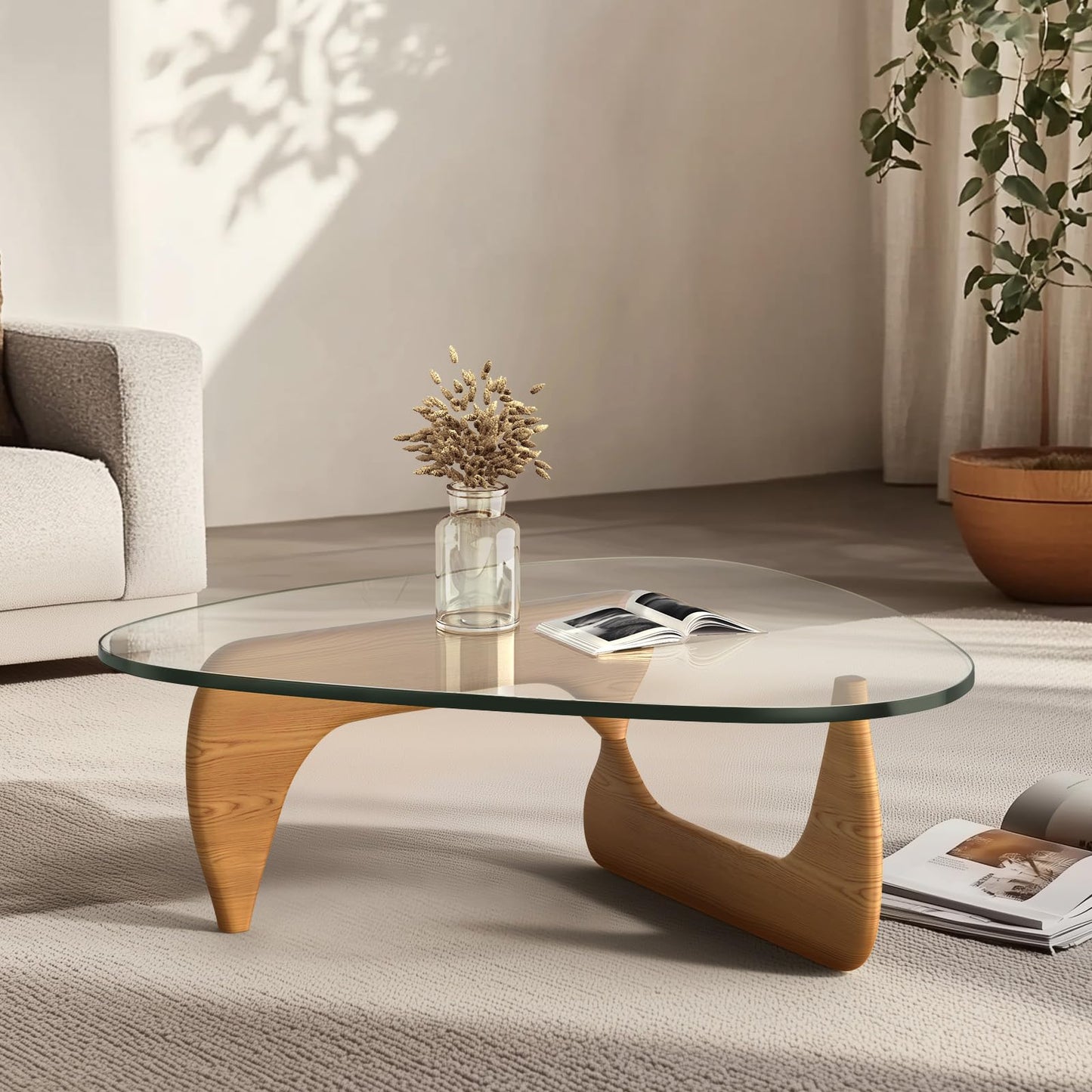 Noguchi Coffee Table – Mid-Century Modern Triangle Glass Coffee Table with Clear Tempered Top & Wood Base, End Table for Living Room Office Hotel Balcony, 50" W x 37.5" D