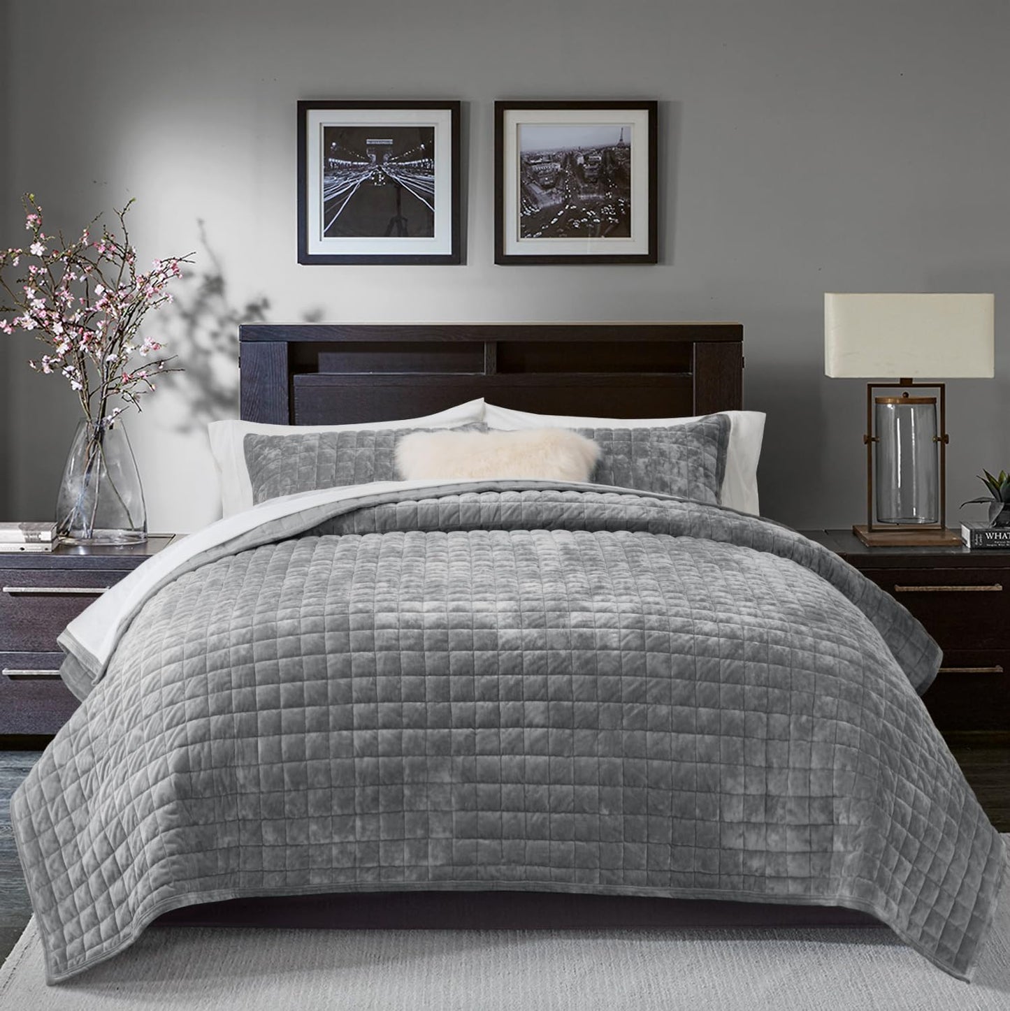 RECYCO Luxury Velvet Quilt Set King Size, Lightweight Velvet Comforter Set, Oversized Bedspread Coverlet Quilted Bedding Set, with 2 Matching Pillow Shams, for All Season, Navy Blue
