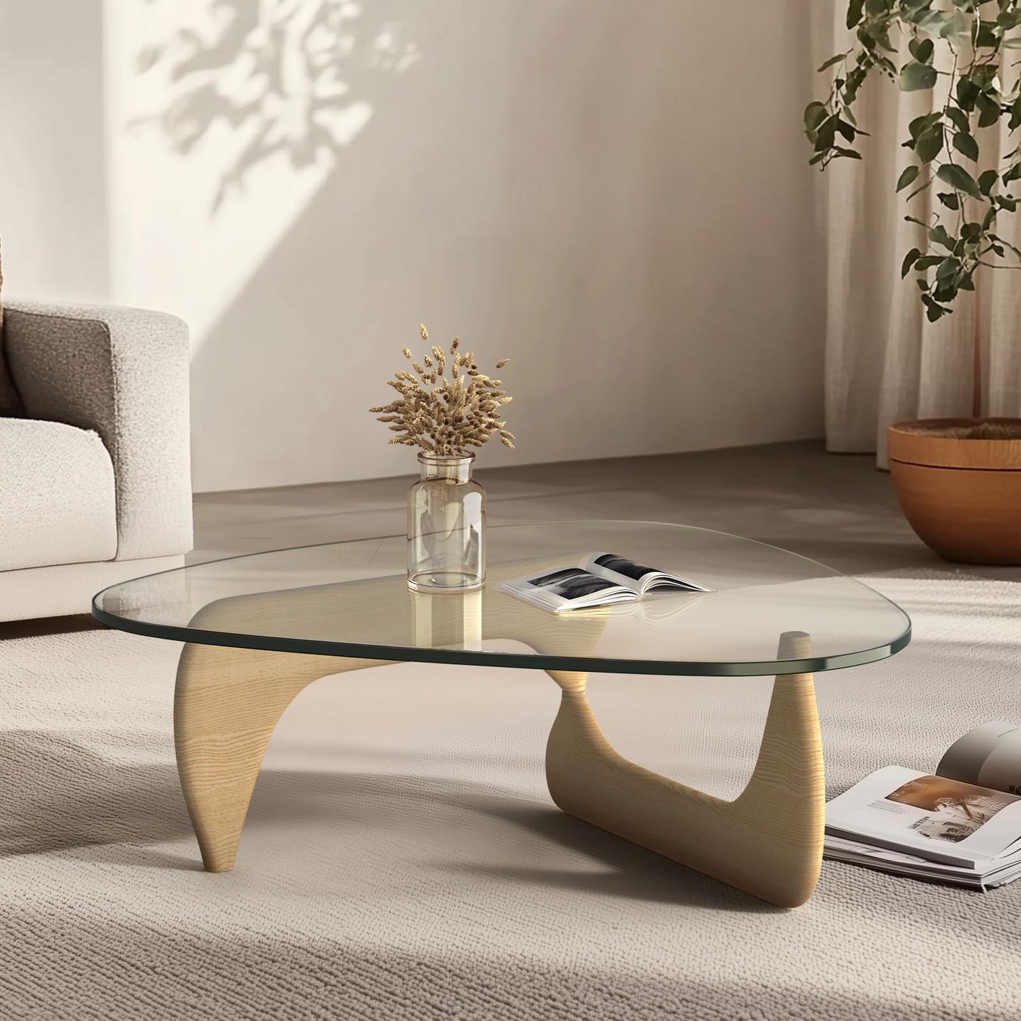 Noguchi Coffee Table – Mid-Century Modern Triangle Glass Coffee Table with Clear Tempered Top & Wood Base, End Table for Living Room Office Hotel Balcony, 50" W x 37.5" D