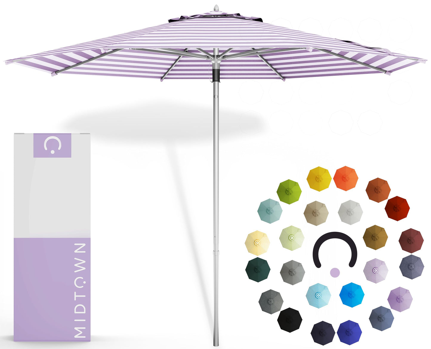 Midtown Umbrellas Push and Pop 9 Feet Outdoor Umbrella With Terylast Black/White Stripes Polyester Fabric - Fiberglass Ribs Deck Patio, Backyard, Garden & Pool - Silver Pole