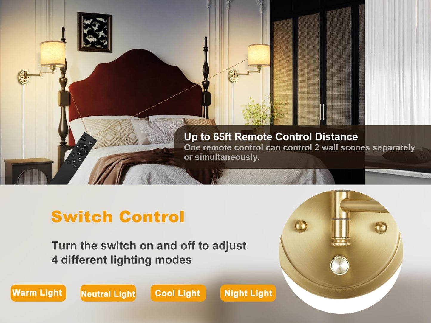 Plug in Wall Sconces with Remote Control, Dimming 10%-100% & Adjustable Colors 2700K-6500K, Hardwire or Plug-in, Swing Arm Wall Lamp with Linen Fabric Shade, Wall Sconces Set of Two, Black Finish