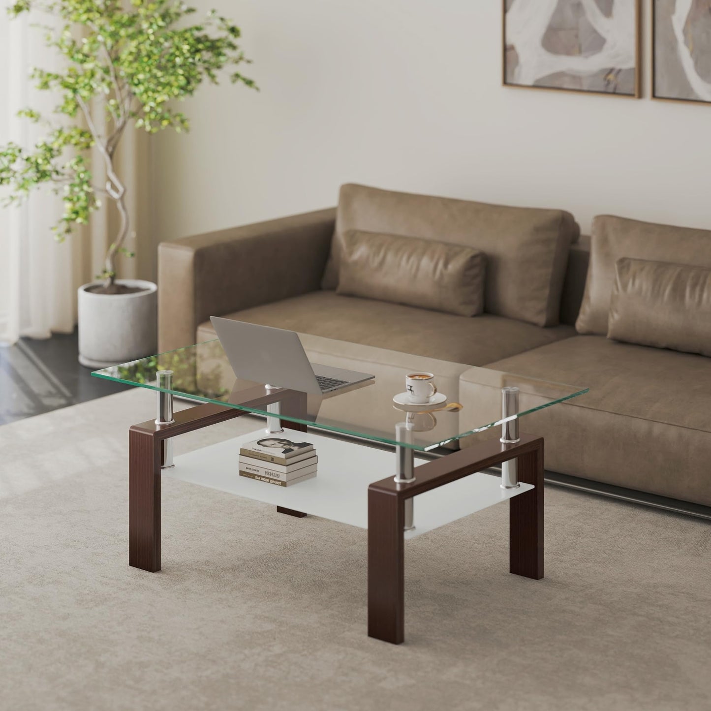 Meihua Tempered Glass Coffee Table for Living Room, Clear Center Table with 0.47 inch Tempered Glass, Transparent Modern Coffee Table