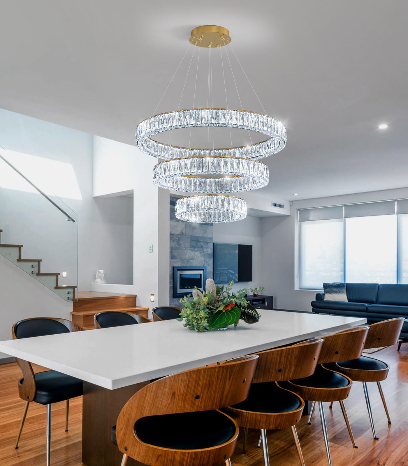 Modern Crystal Chandelier Dimmable LED Ring Pendant Lights Adjustable Glam Chandeliers Lighting Fixtures for Dining Room Living Room Bedroom Silver Light