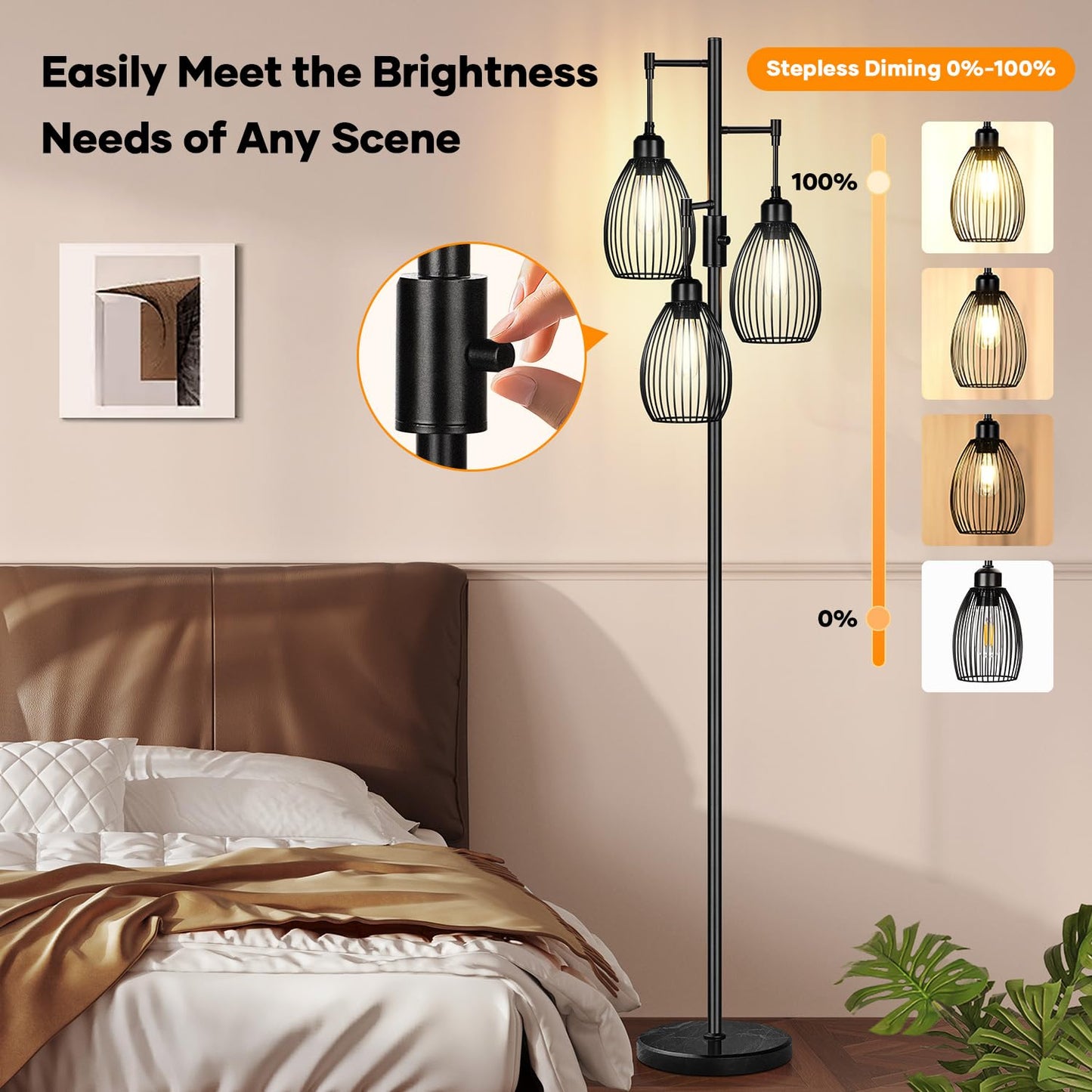 Dimmable Floor Lamp, 3 x 800LM LED Edison Bulbs Included, Farmhouse Industrial Floor Lamp Standing Tree Lamp with Elegant Teardrop Cage Tall Lamps for Living Room Bedroom Office Dining Room-Black