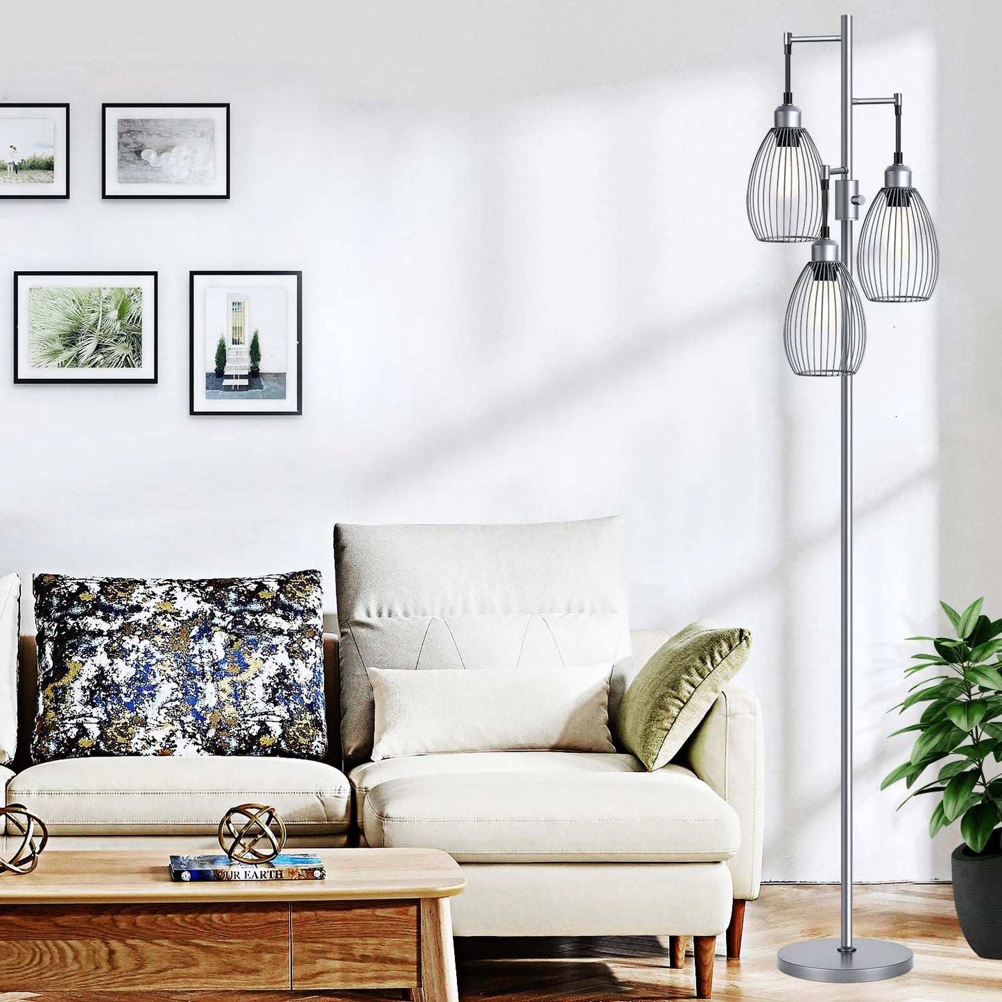 Dimmable Floor Lamp, 3 x 800LM LED Edison Bulbs Included, Farmhouse Industrial Floor Lamp Standing Tree Lamp with Elegant Teardrop Cage Tall Lamps for Living Room Bedroom Office Dining Room-Black