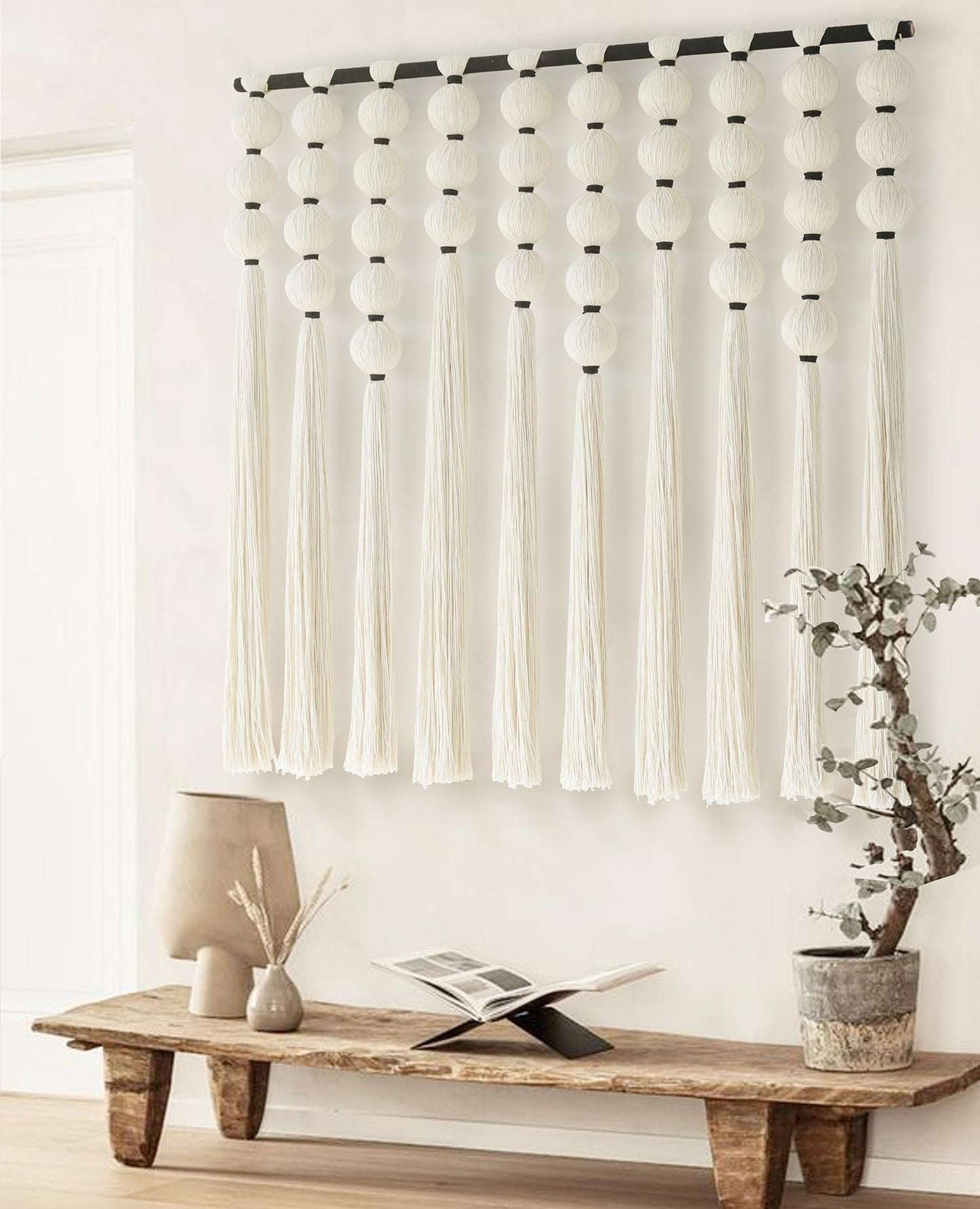 IOWER Macrame Wall Hanging Brown Yarn Beaded Backdrop Boho Wall Decor Round Tassel Home Wall Aesthetic Living Rooms Bedrooms Offices Geometric Art Chic Home Decor 39" W x 55" L
