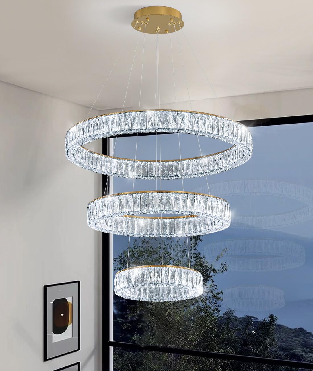 Modern Crystal Chandelier Dimmable LED Ring Pendant Lights Adjustable Glam Chandeliers Lighting Fixtures for Dining Room Living Room Bedroom Silver Light