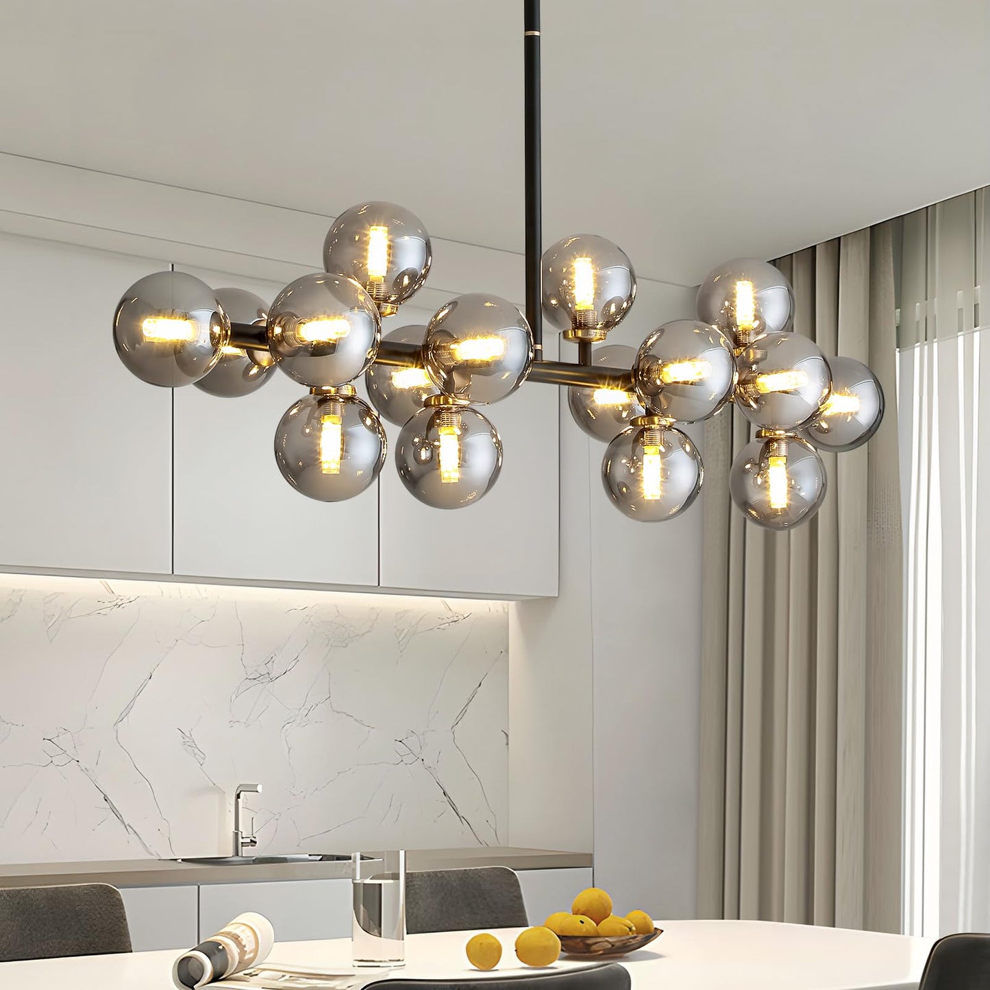 CROSSIO Modern Linear Chandeliers Black 16 Lights Pendant Light Fixtures Bubble Glass Chandelier Mid Century Sputnik Chandelier for Kitchen Island Dining Room