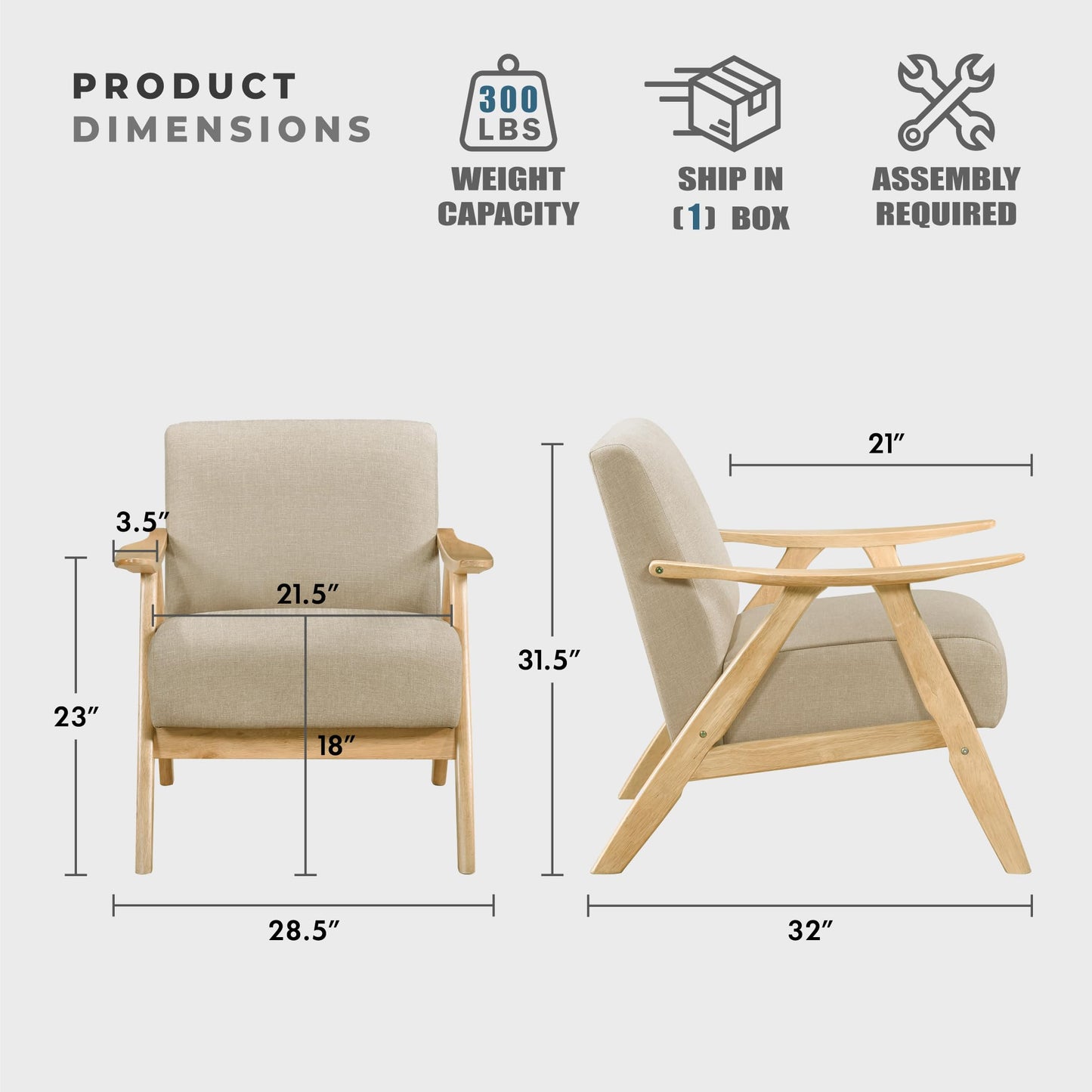 Lexicon Mid Century Modern Accent Chair with Solid Wood Frame in Walnut Finish, Upholstered Living Room Lounge Arm Chair, Thick and Comfy Innerspring Seat Cushion, Linen-Look Fabric, Gray