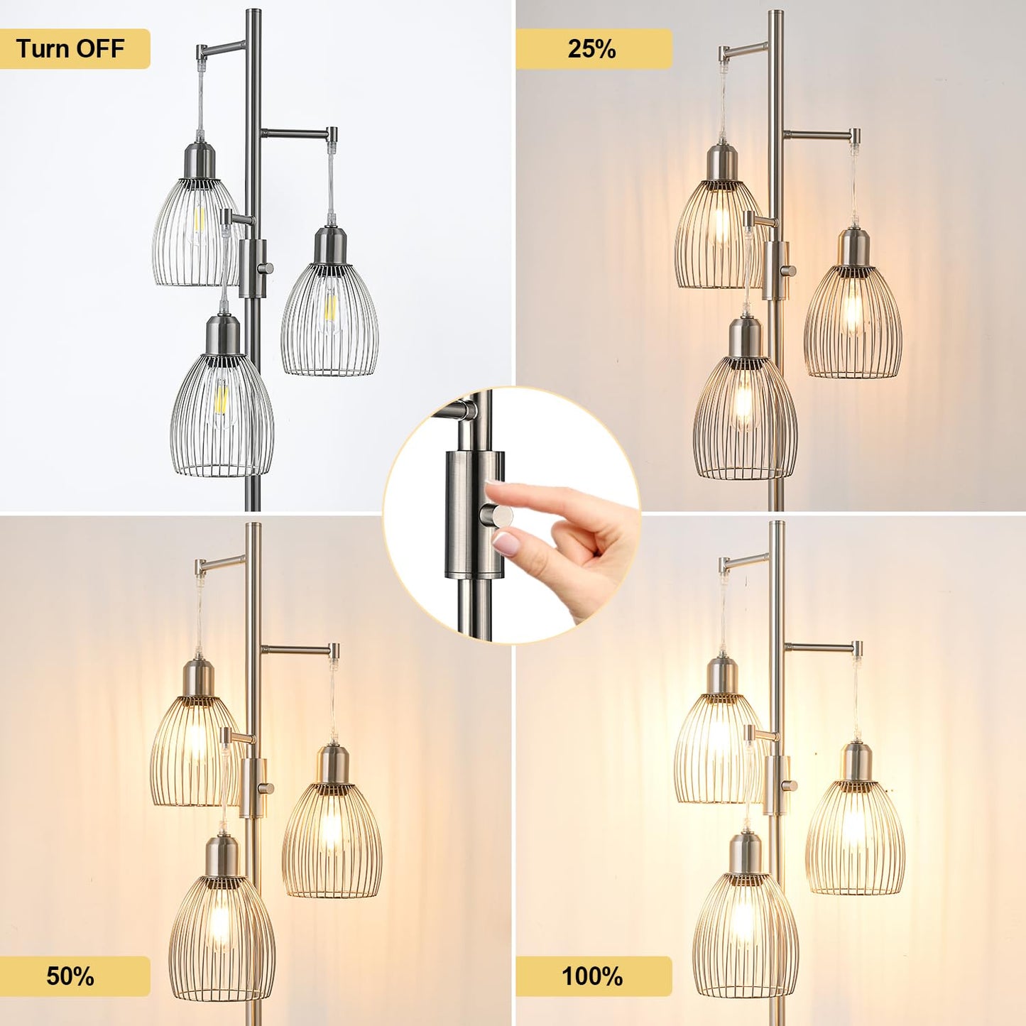 Dimmable Floor Lamp, 3 x 800LM LED Edison Bulbs Included, Farmhouse Industrial Floor Lamp Standing Tree Lamp with Elegant Teardrop Cage Tall Lamps for Living Room Bedroom Office Dining Room-Black