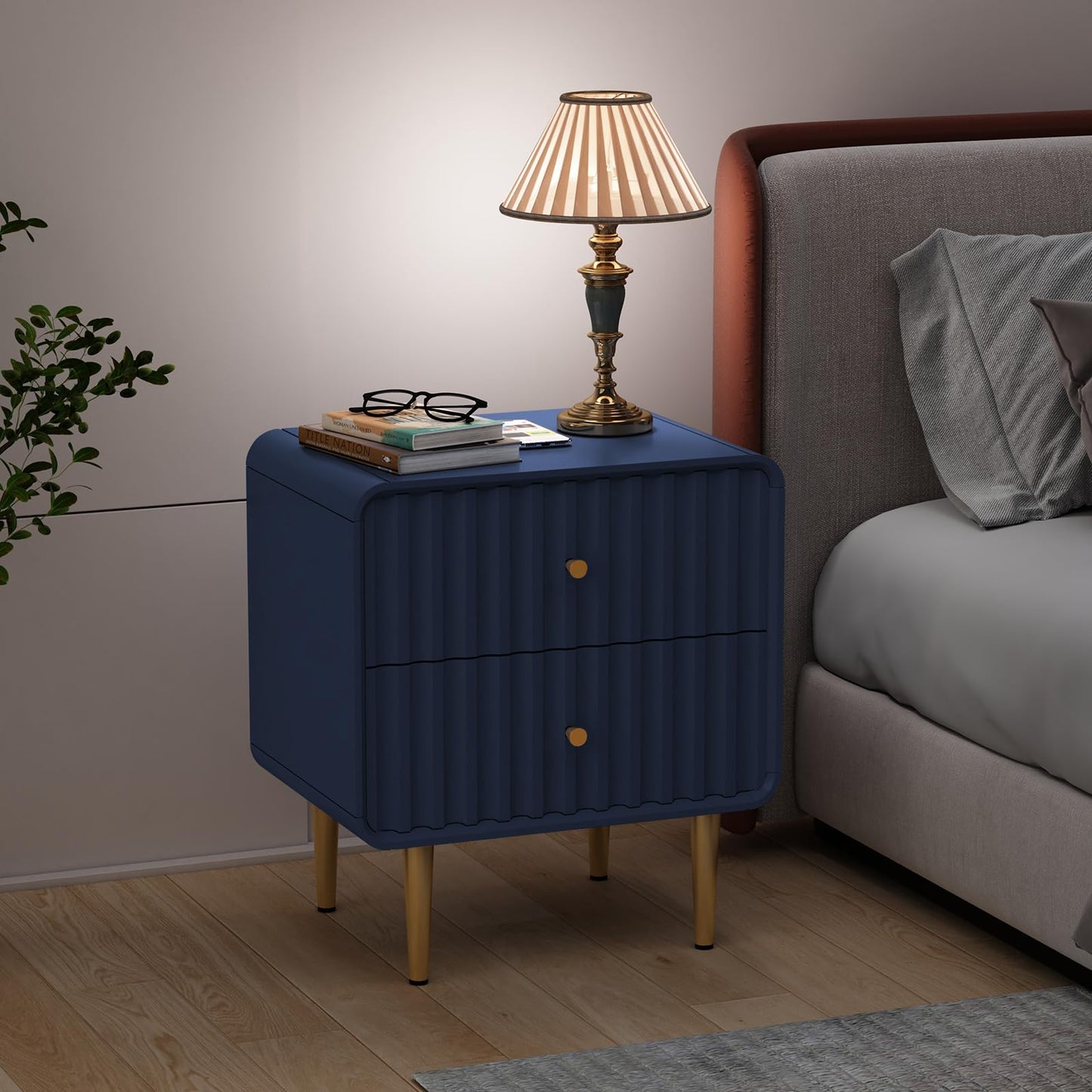 HLR Modern Nightstand Set of 2, Fluted Bed Side Table with 2 Drawers Storage, Wood End Table with Gold Metal Handle, White Night Stands for Bedroom