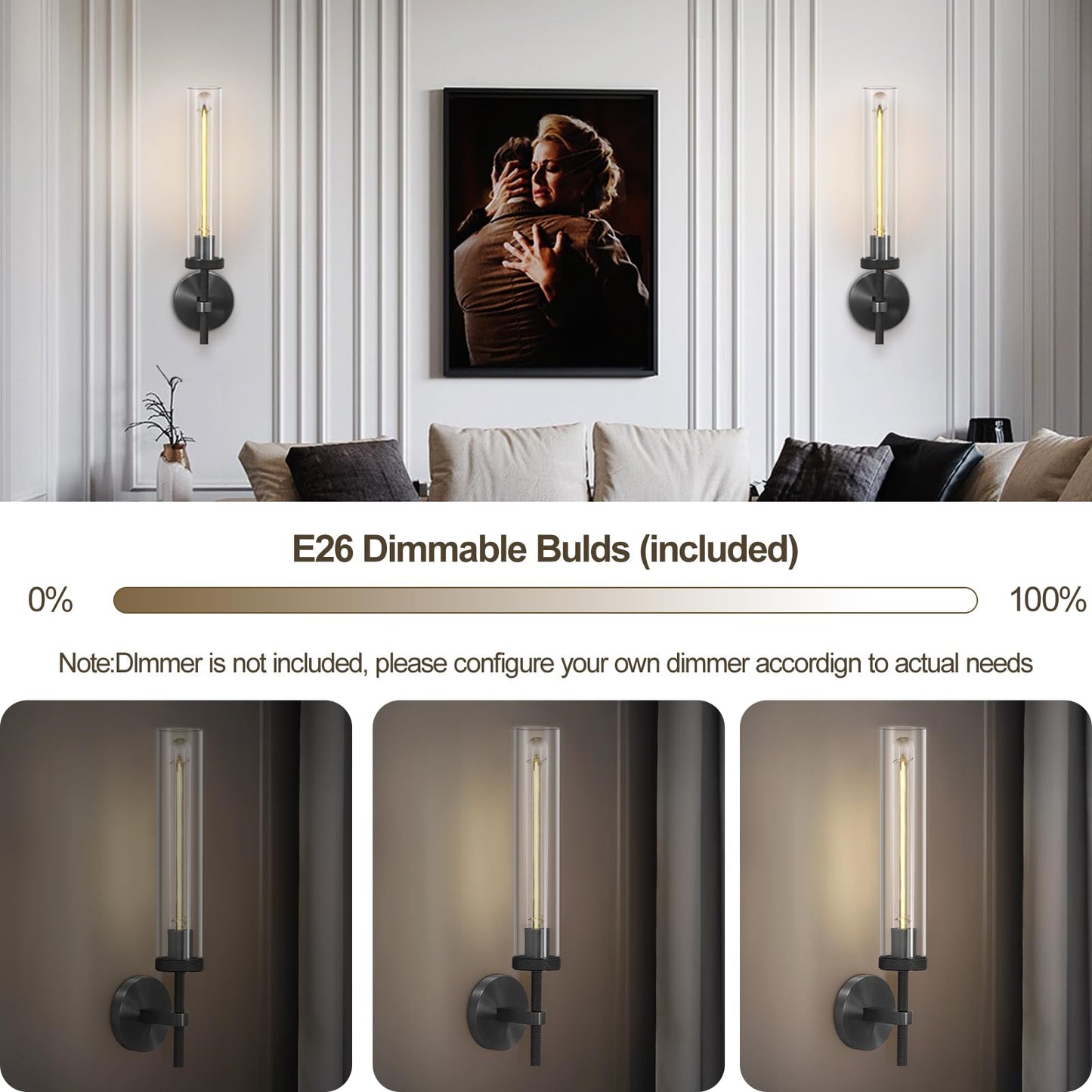 Brass Wall Sconces Set of Two, 19" Knurled Gold Sconces Wall Lighting, Tube Glass Bathroom Sconces Wall Lights for Bedroom Living Room Vanity Sconce Wall Lamp for Hallway, Staircase