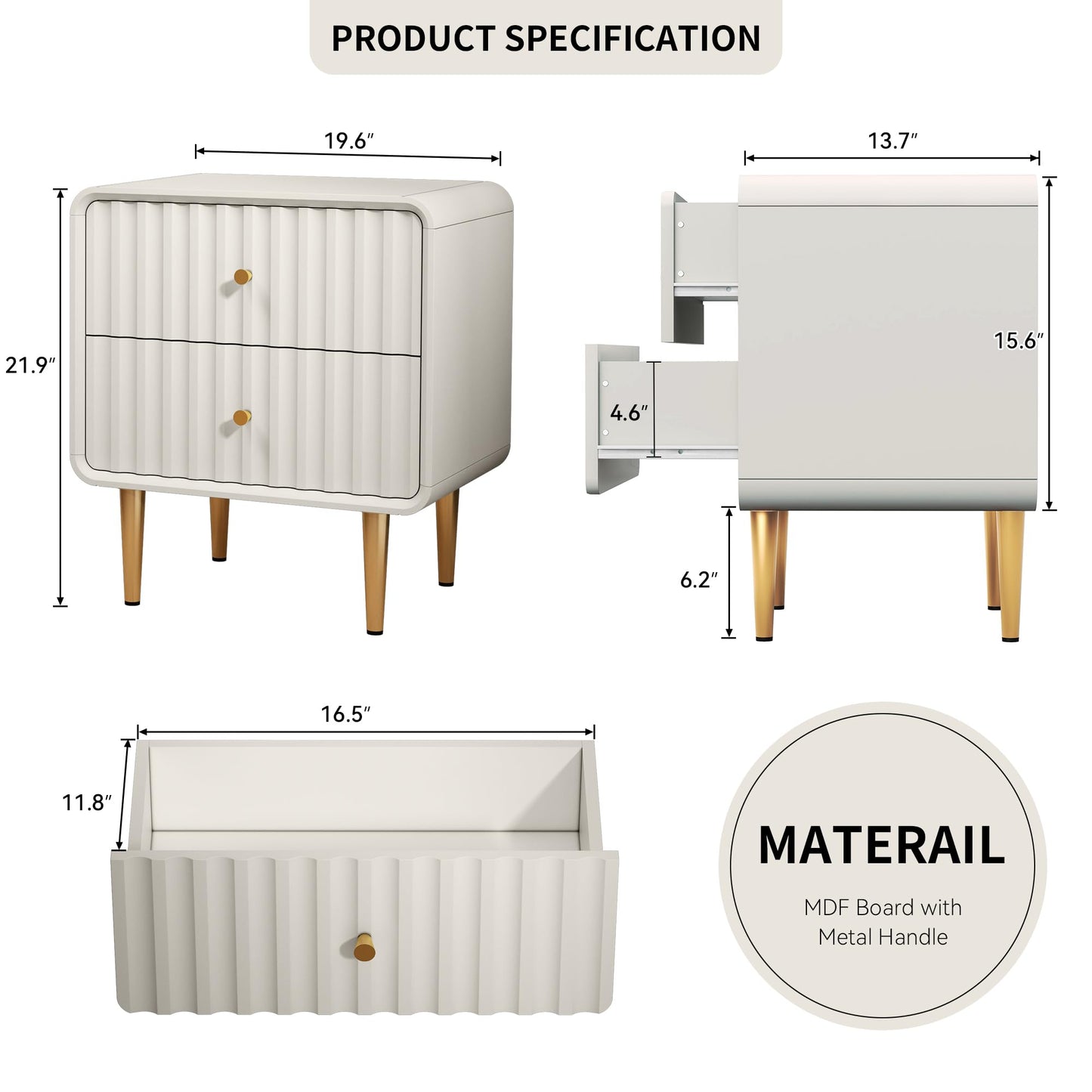 HLR Modern Nightstand Set of 2, Fluted Bed Side Table with 2 Drawers Storage, Wood End Table with Gold Metal Handle, White Night Stands for Bedroom