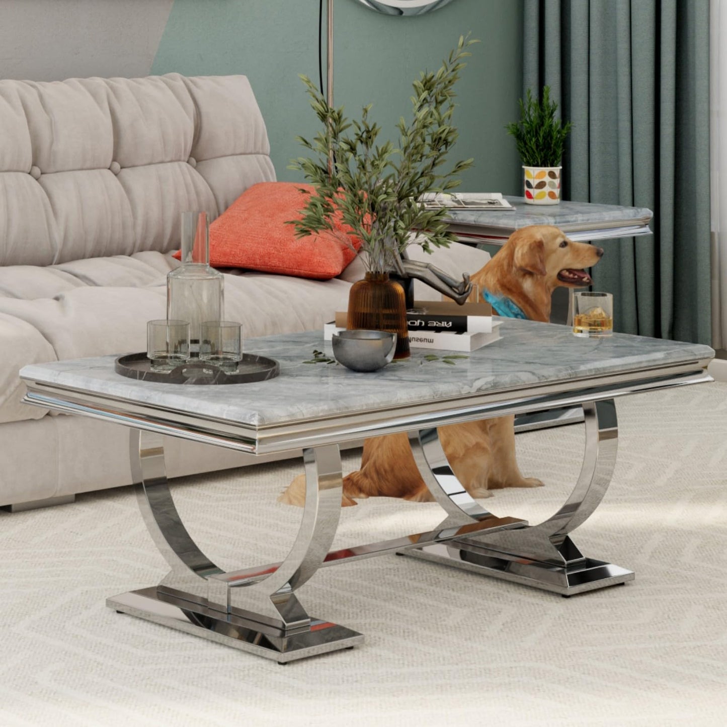 Asday Gold and White Coffee Table, Rectangle Marble Living Room Tea Table, Elegant Coffee Table for Living Room, Guest Hall, Reception Room