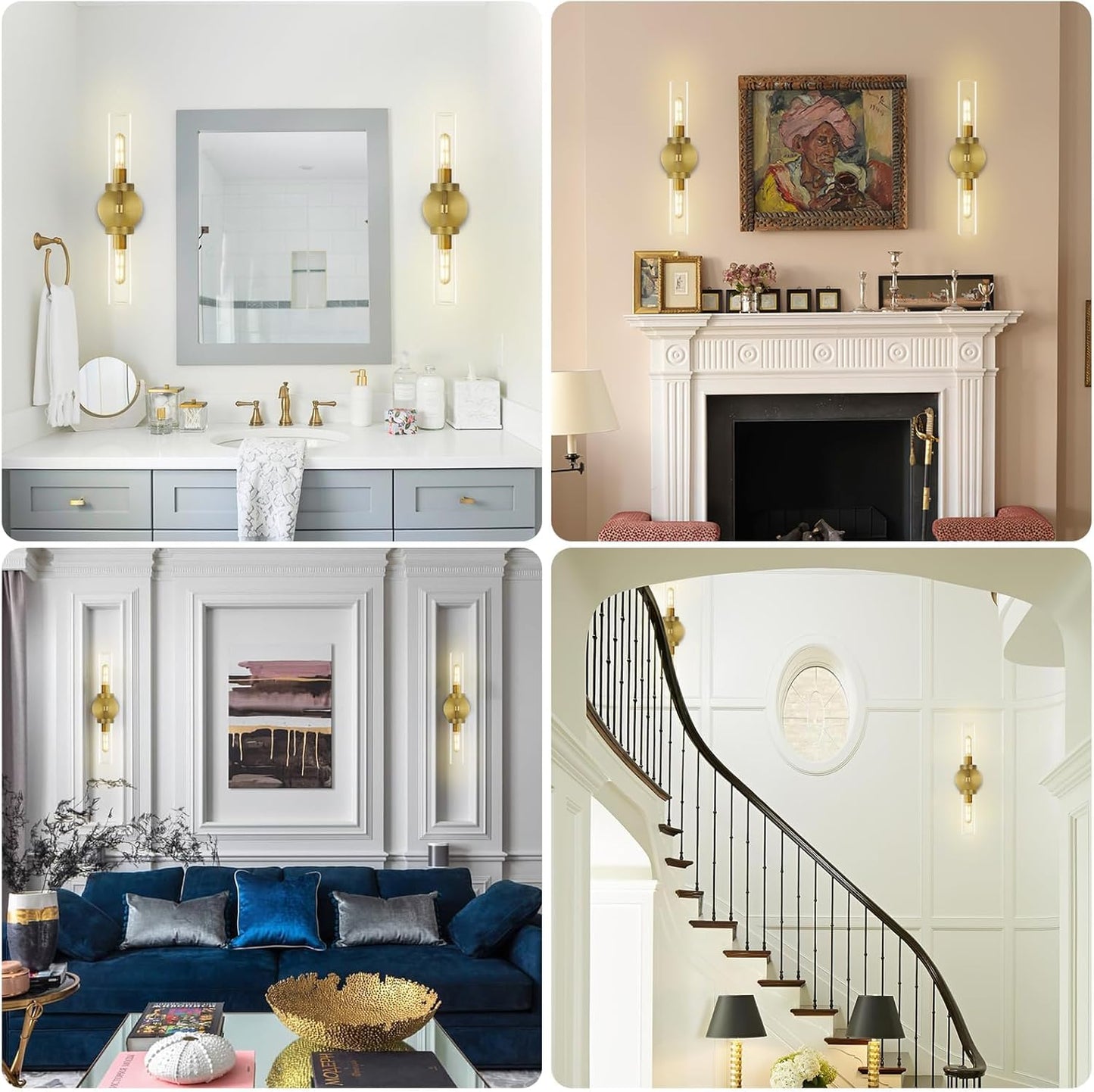 Brass Wall Sconces Set of Two, 19" Knurled Gold Sconces Wall Lighting, Tube Glass Bathroom Sconces Wall Lights for Bedroom Living Room Vanity Sconce Wall Lamp for Hallway, Staircase